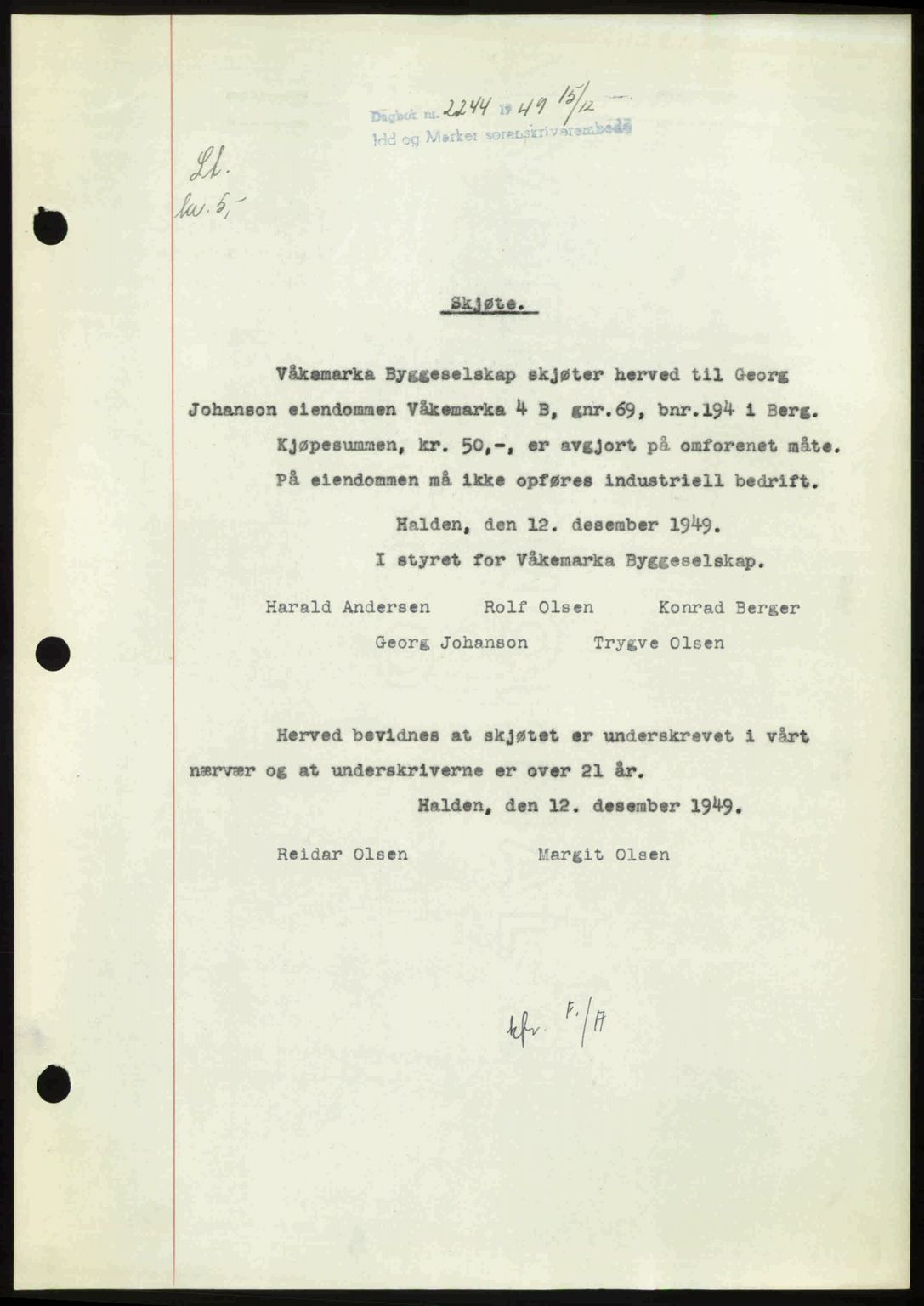 Idd og Marker sorenskriveri, AV/SAO-A-10283/G/Gb/Gbb/L0013: Mortgage book no. A13, 1949-1950, Diary no: : 2244/1949