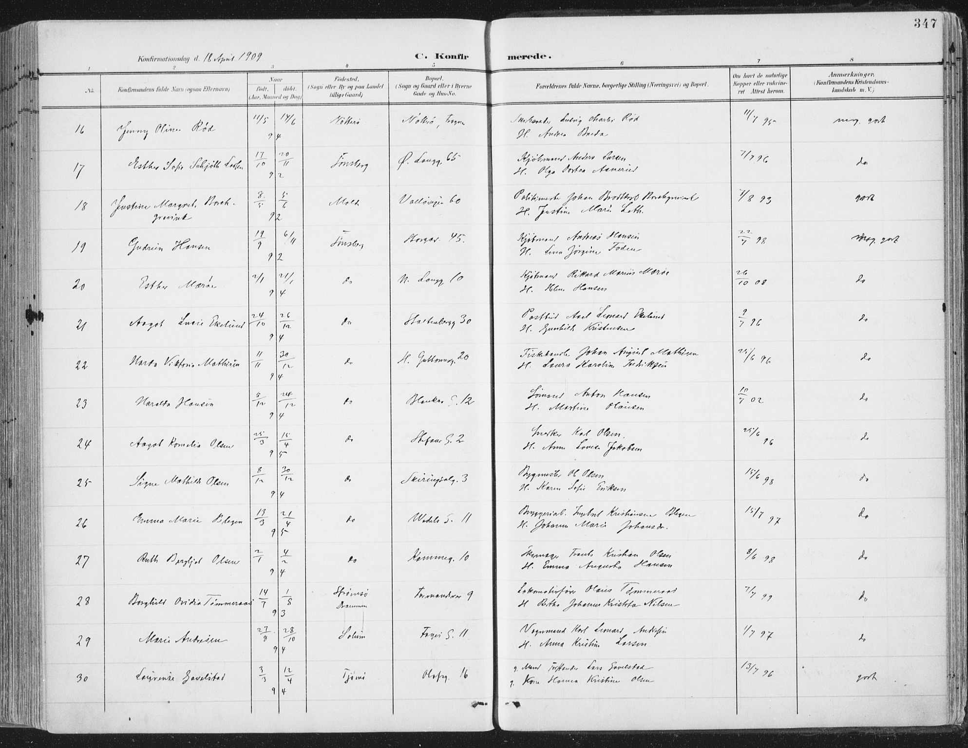 Tønsberg kirkebøker, SAKO/A-330/F/Fa/L0014: Parish register (official) no. I 14, 1900-1913, p. 347
