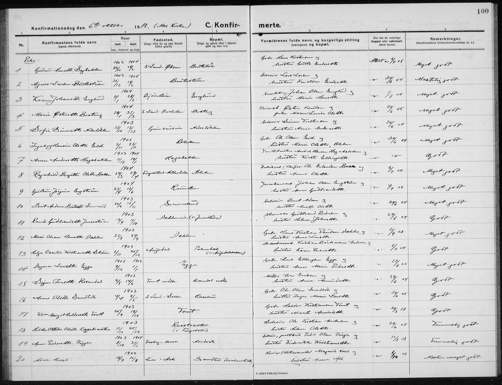 Brandbu prestekontor, AV/SAH-PREST-114/H/Ha/Hab/L0001: Parish register (copy) no. 1, 1914-1937, p. 100