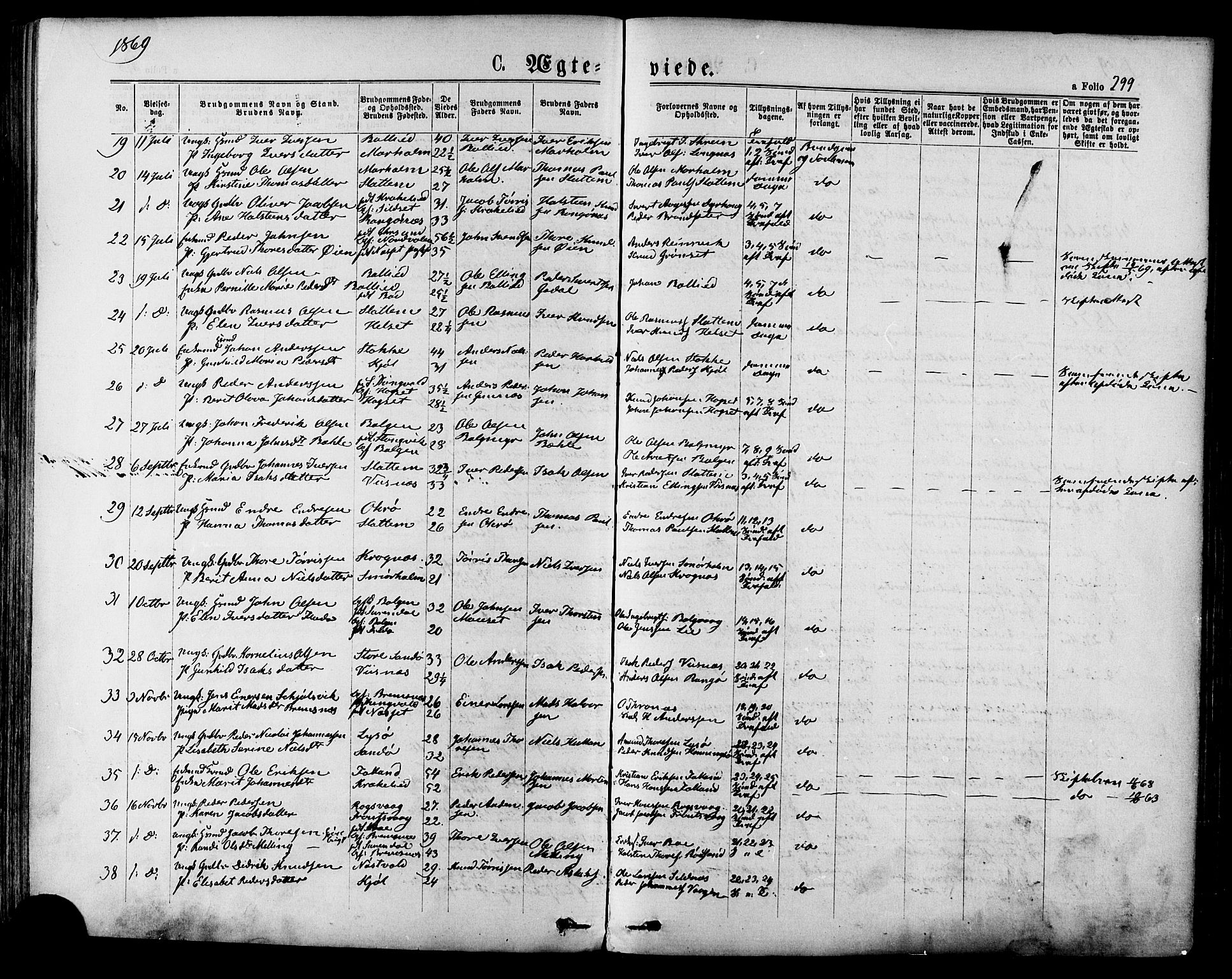 Ministerialprotokoller, klokkerbøker og fødselsregistre - Møre og Romsdal, SAT/A-1454/568/L0805: Parish register (official) no. 568A12 /1, 1869-1884, p. 299
