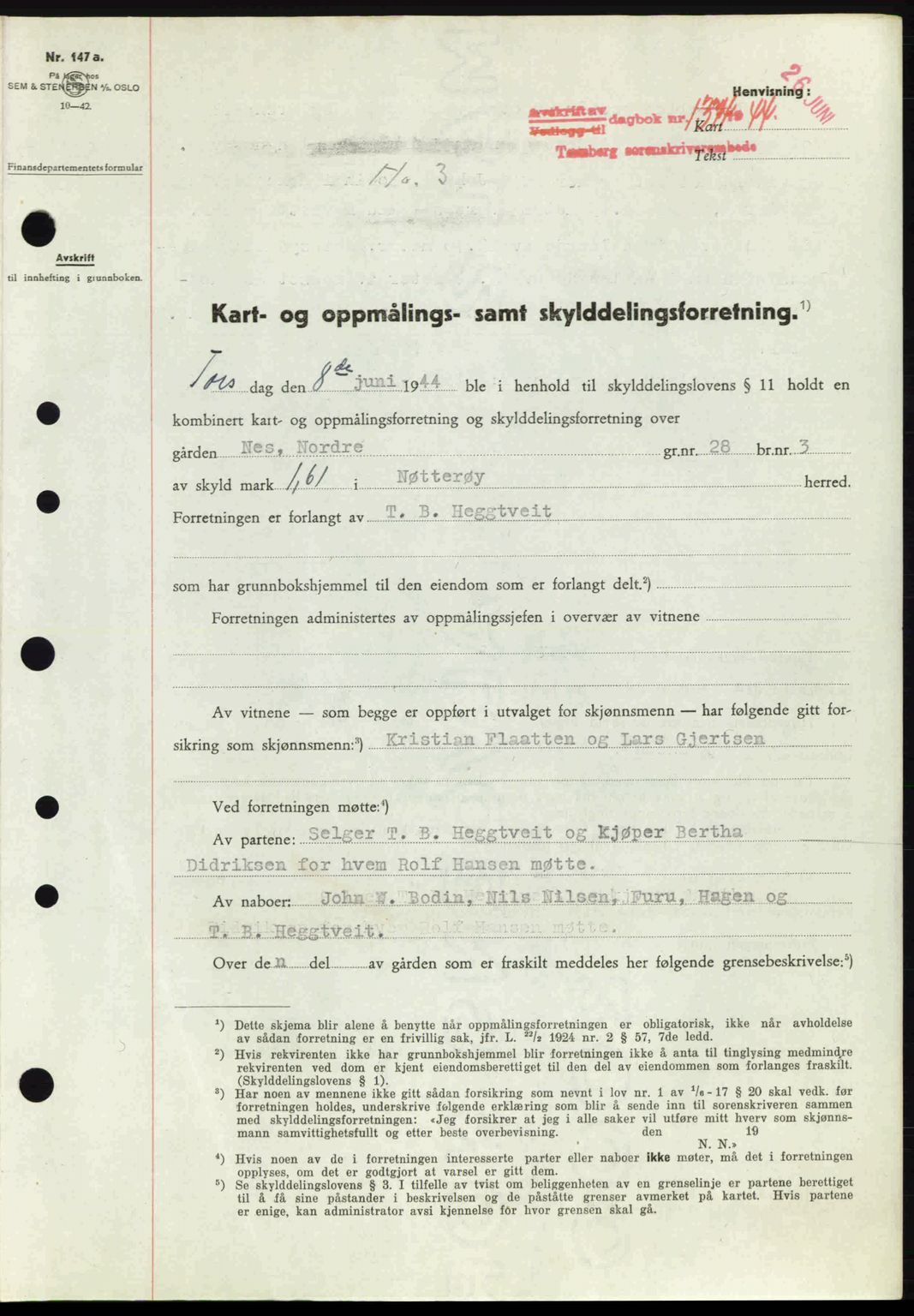 Tønsberg sorenskriveri, AV/SAKO-A-130/G/Ga/Gaa/L0015: Mortgage book no. A15, 1944-1944, Diary no: : 1374/1944