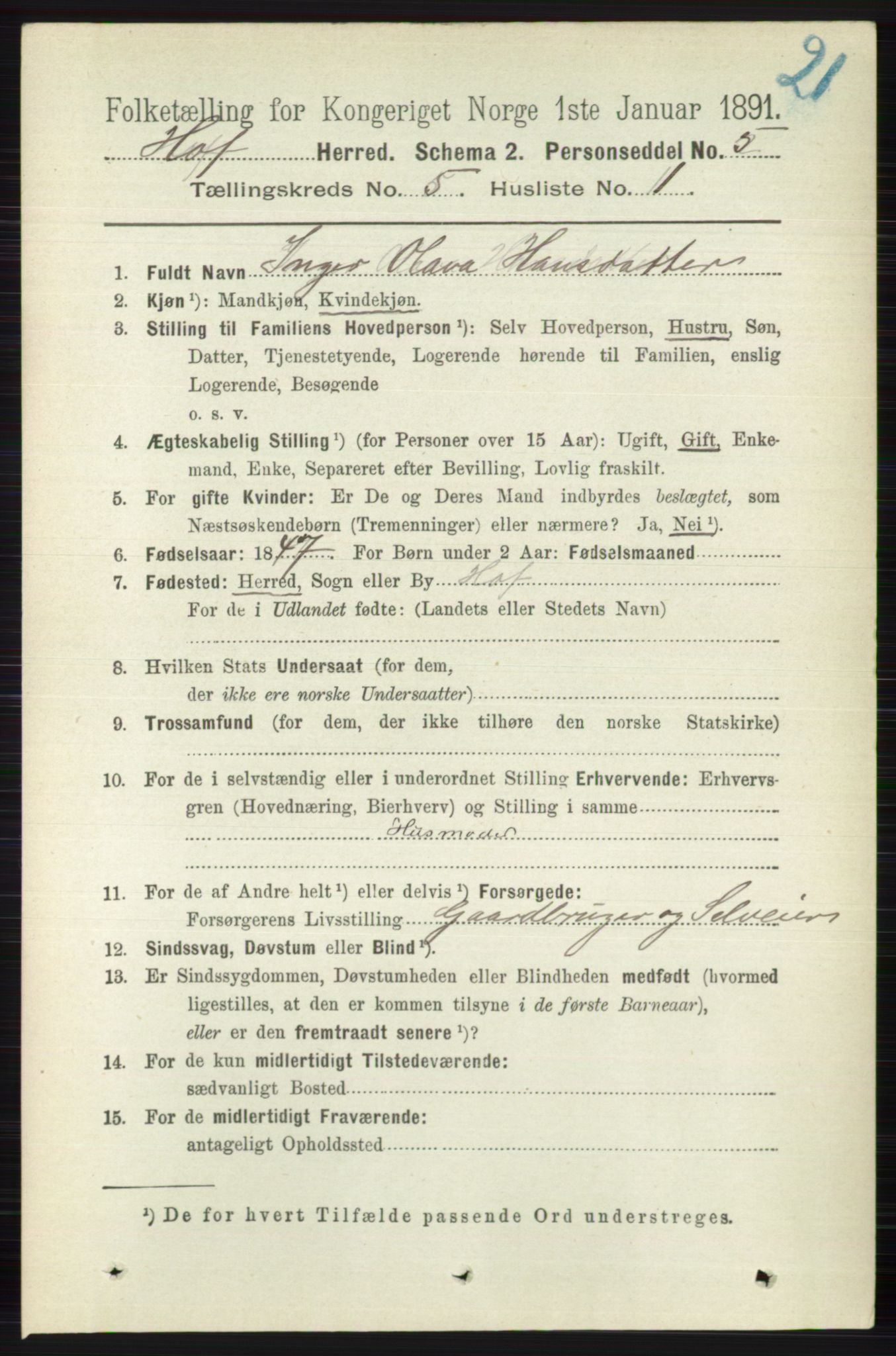 RA, 1891 census for 0714 Hof, 1891, p. 1497