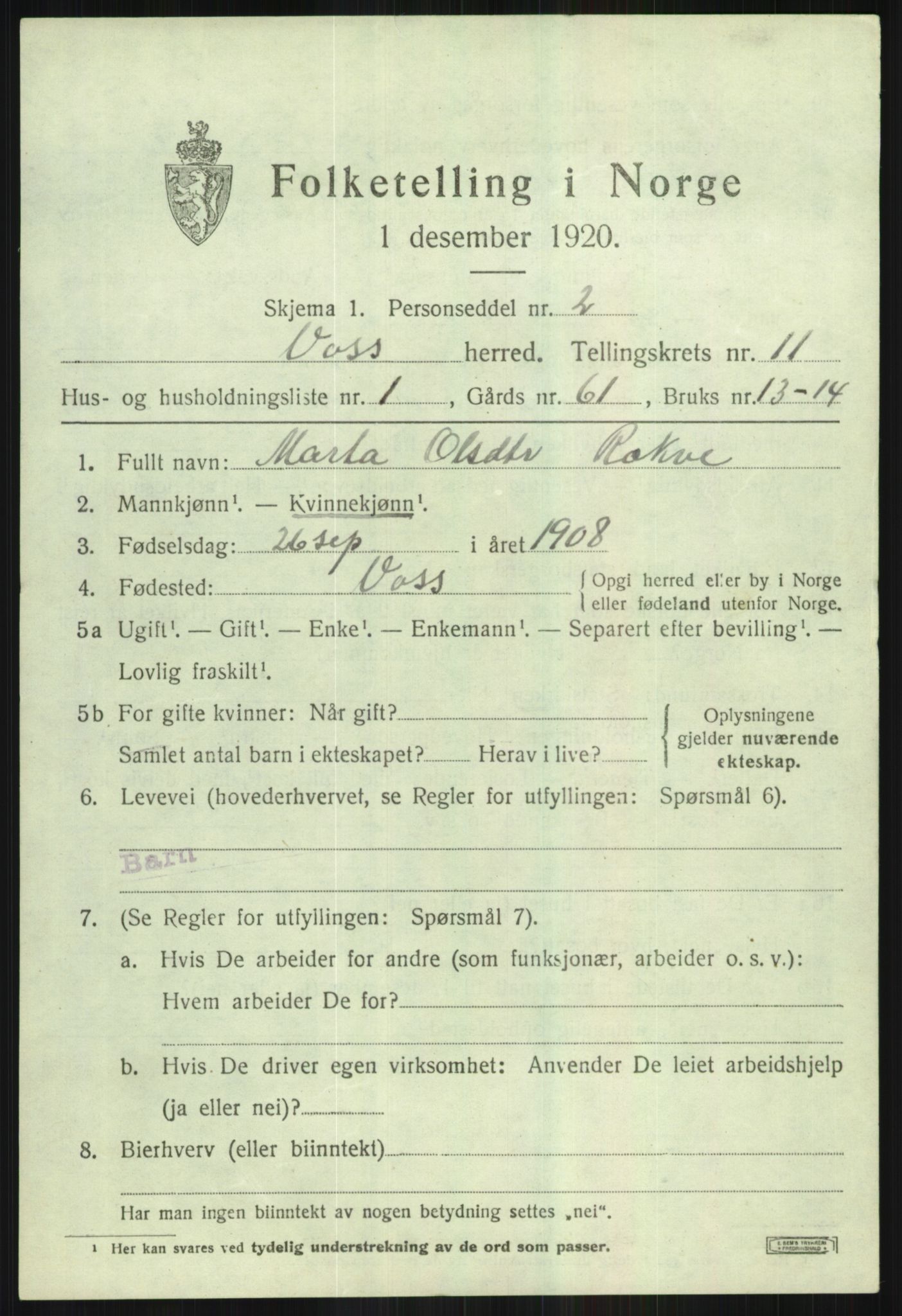 SAB, 1920 census for Voss, 1920, p. 10061