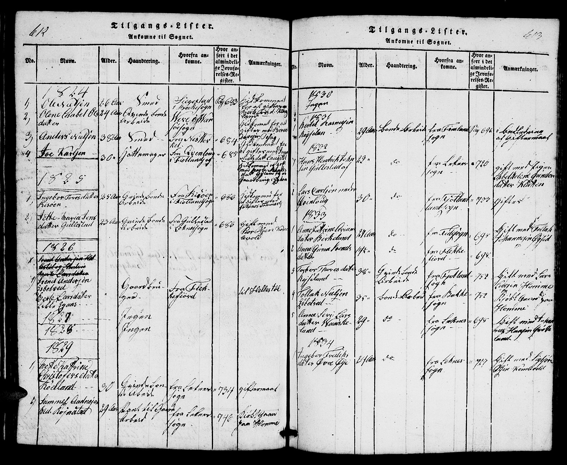 Bakke sokneprestkontor, SAK/1111-0002/F/Fb/Fbb/L0001: Parish register (copy) no. B 1, 1815-1835, p. 612-613