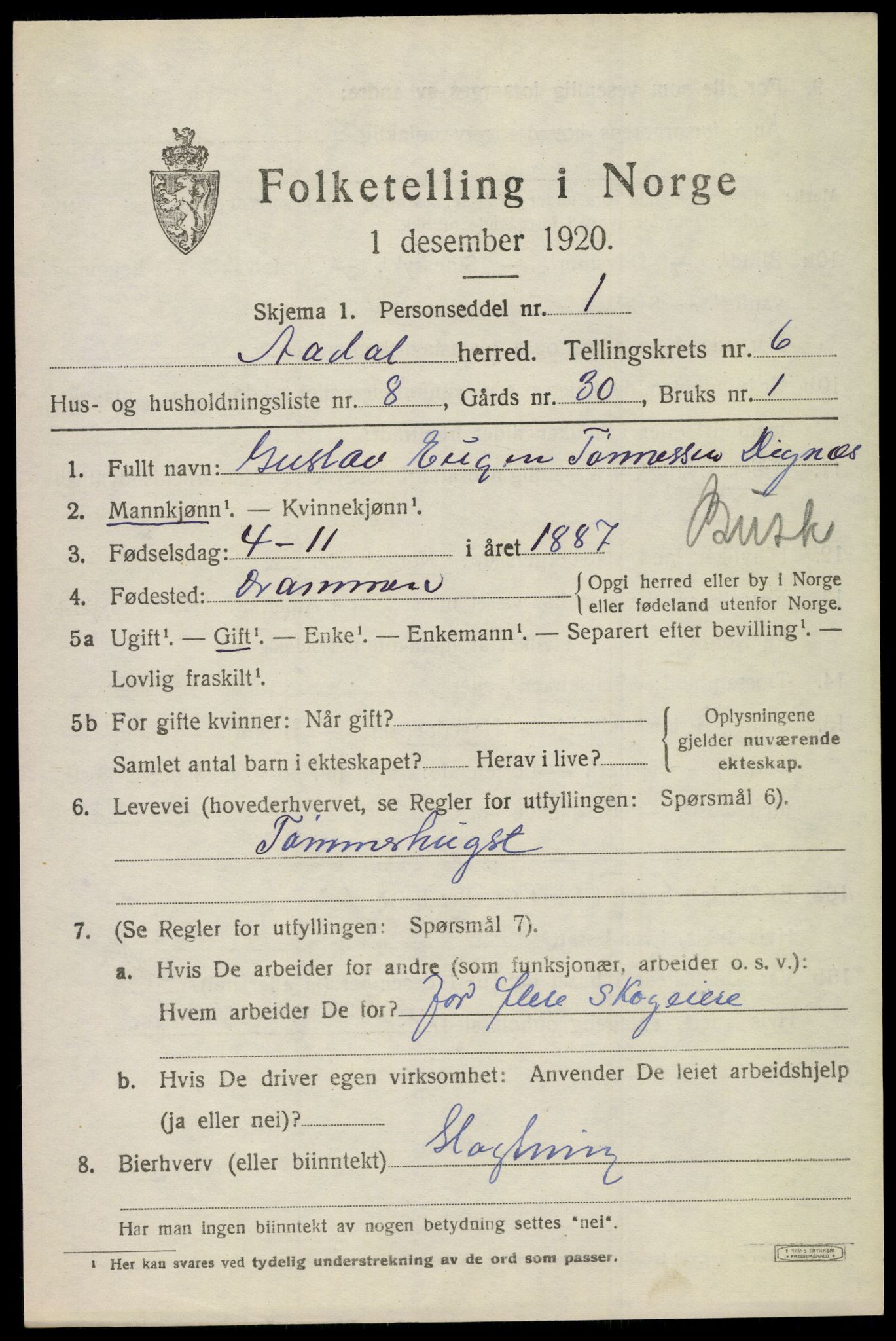 SAKO, 1920 census for Ådal, 1920, p. 4712