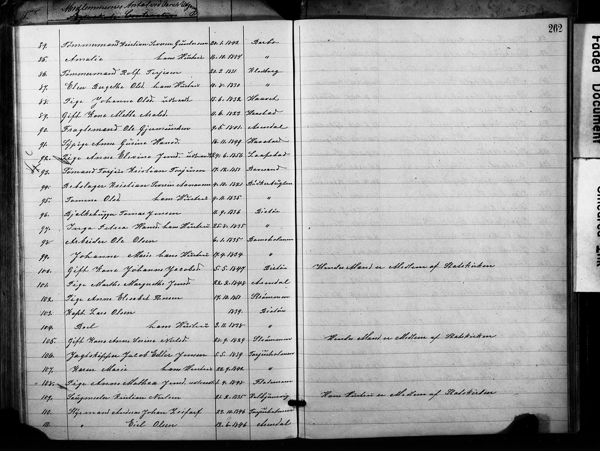 Metodistmenigheten, Arendal, AV/SAK-1292-0011/F/Fa/L0001: Dissenter register no. F-2, 1867-1879, p. 262