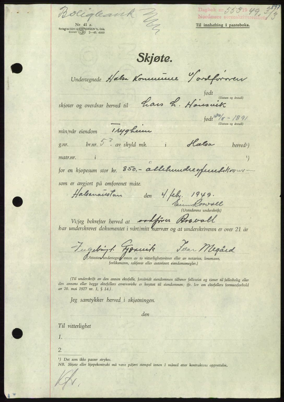 Nordmøre sorenskriveri, AV/SAT-A-4132/1/2/2Ca: Mortgage book no. A110, 1948-1949, Diary no: : 553/1949