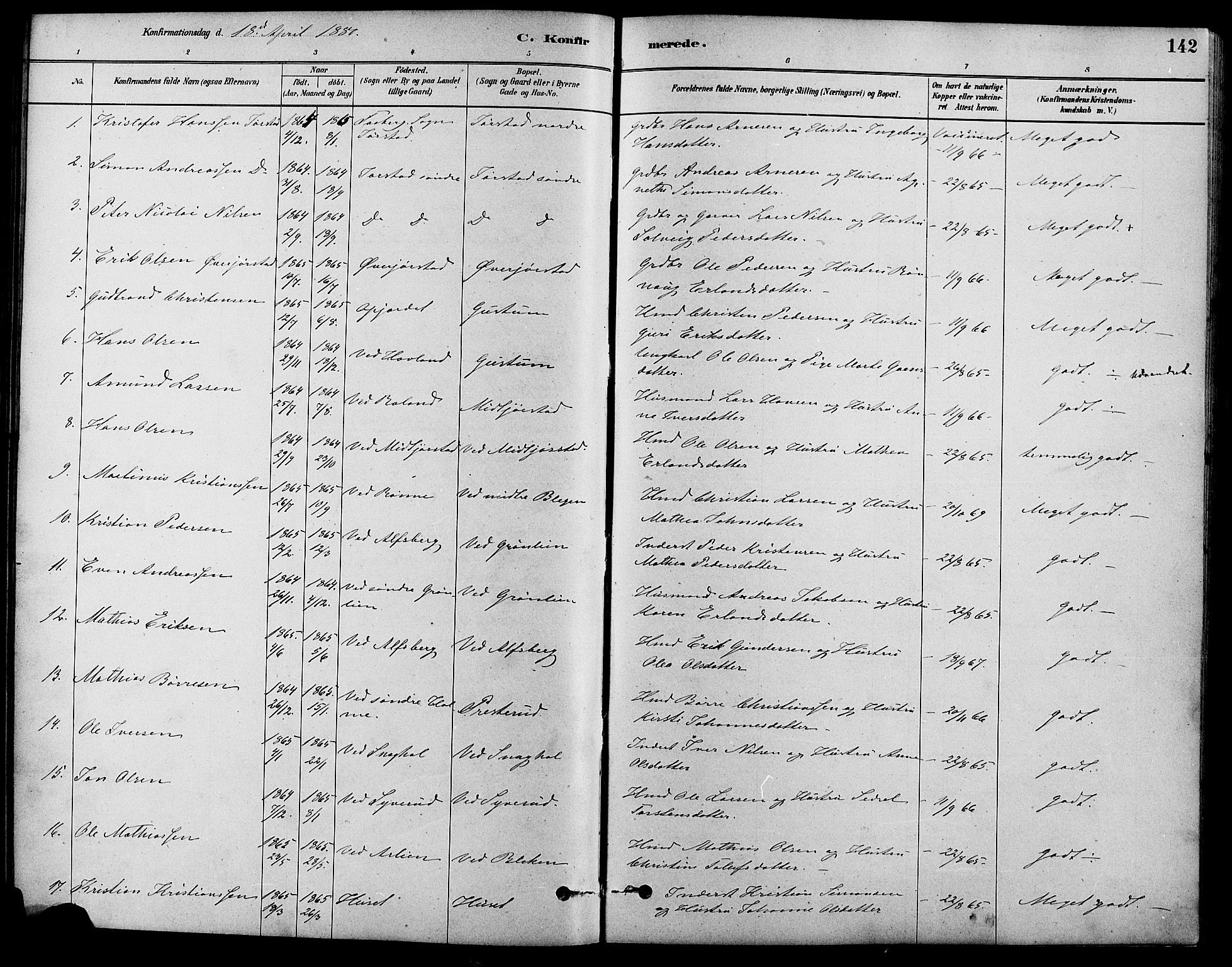Fåberg prestekontor, SAH/PREST-086/H/Ha/Haa/L0008: Parish register (official) no. 8, 1879-1898, p. 142