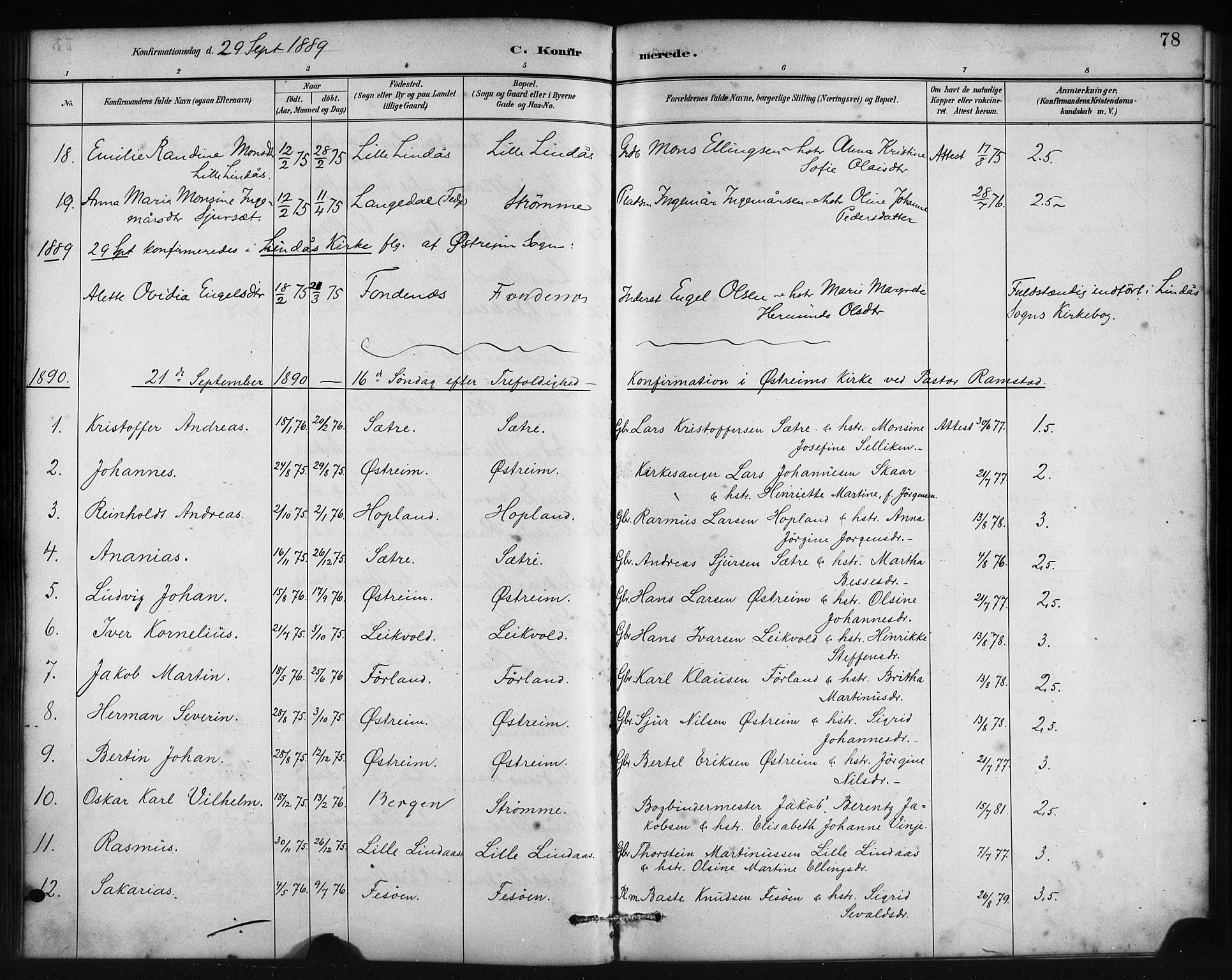 Lindås Sokneprestembete, AV/SAB-A-76701/H/Haa/Haac/L0001: Parish register (official) no. C 1, 1886-1896, p. 78