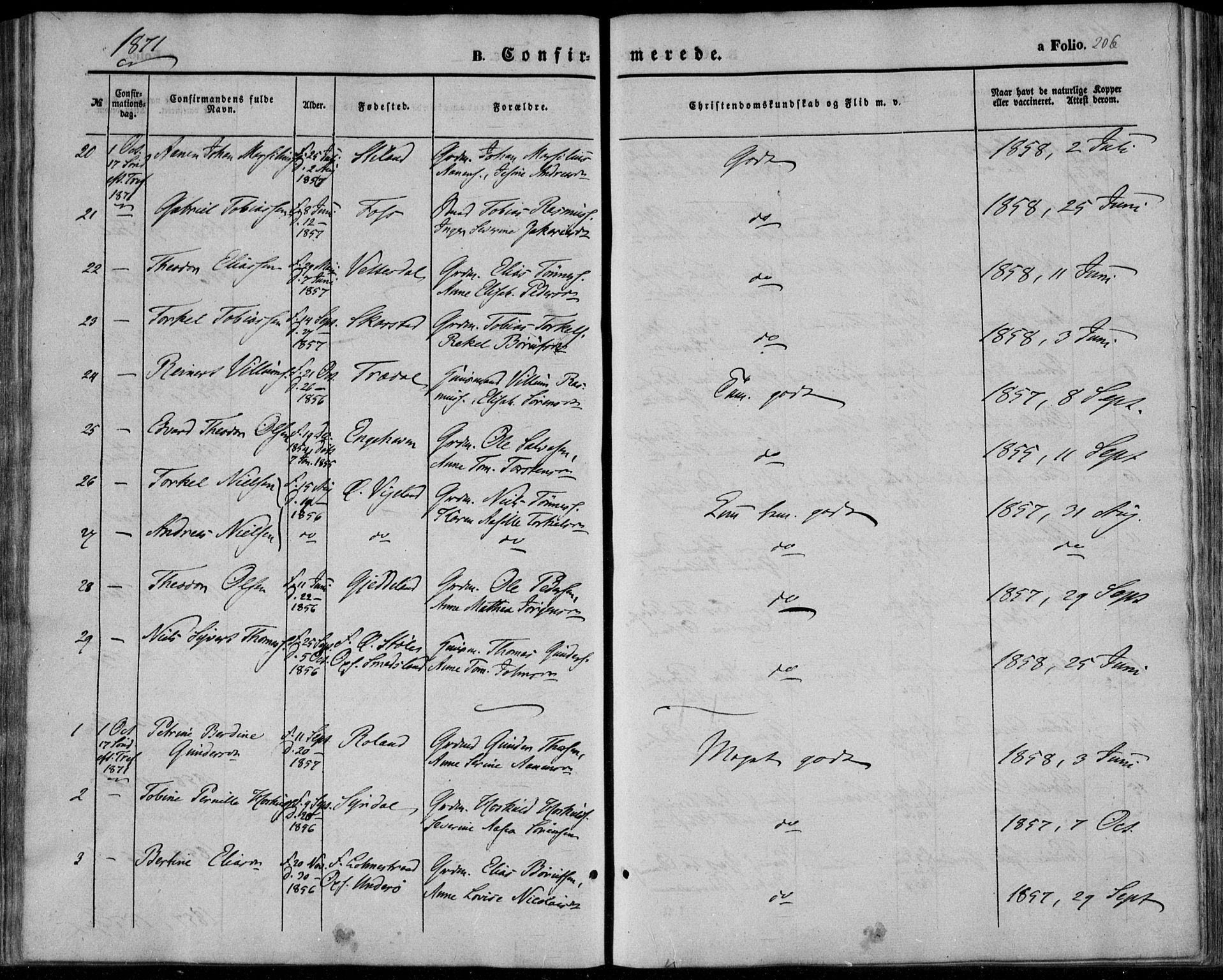 Sør-Audnedal sokneprestkontor, AV/SAK-1111-0039/F/Fa/Fab/L0007: Parish register (official) no. A 7, 1855-1876, p. 206