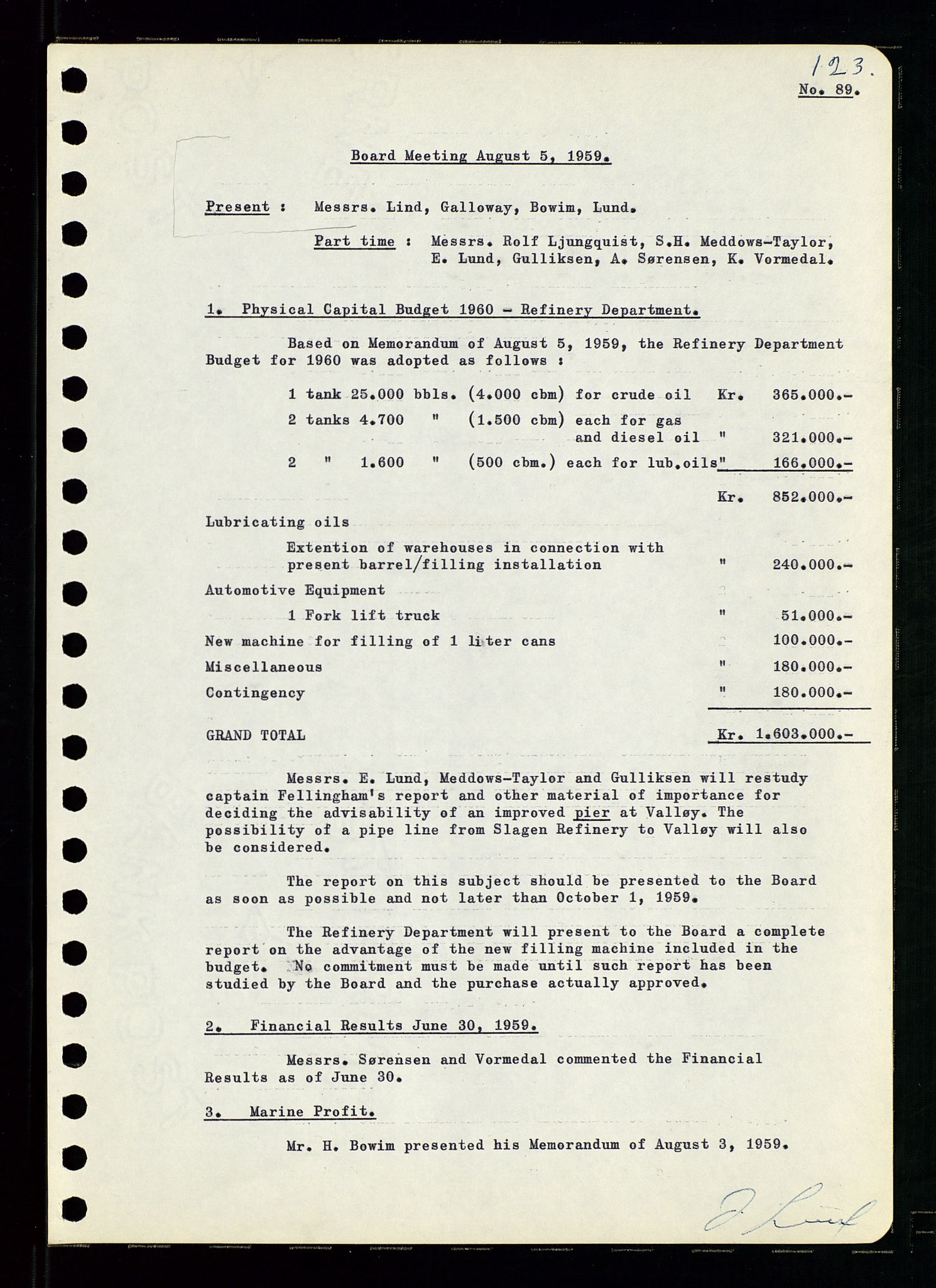 Pa 0982 - Esso Norge A/S, SAST/A-100448/A/Aa/L0001/0001: Den administrerende direksjon Board minutes (styrereferater) / Den administrerende direksjon Board minutes (styrereferater), 1958-1959, p. 123