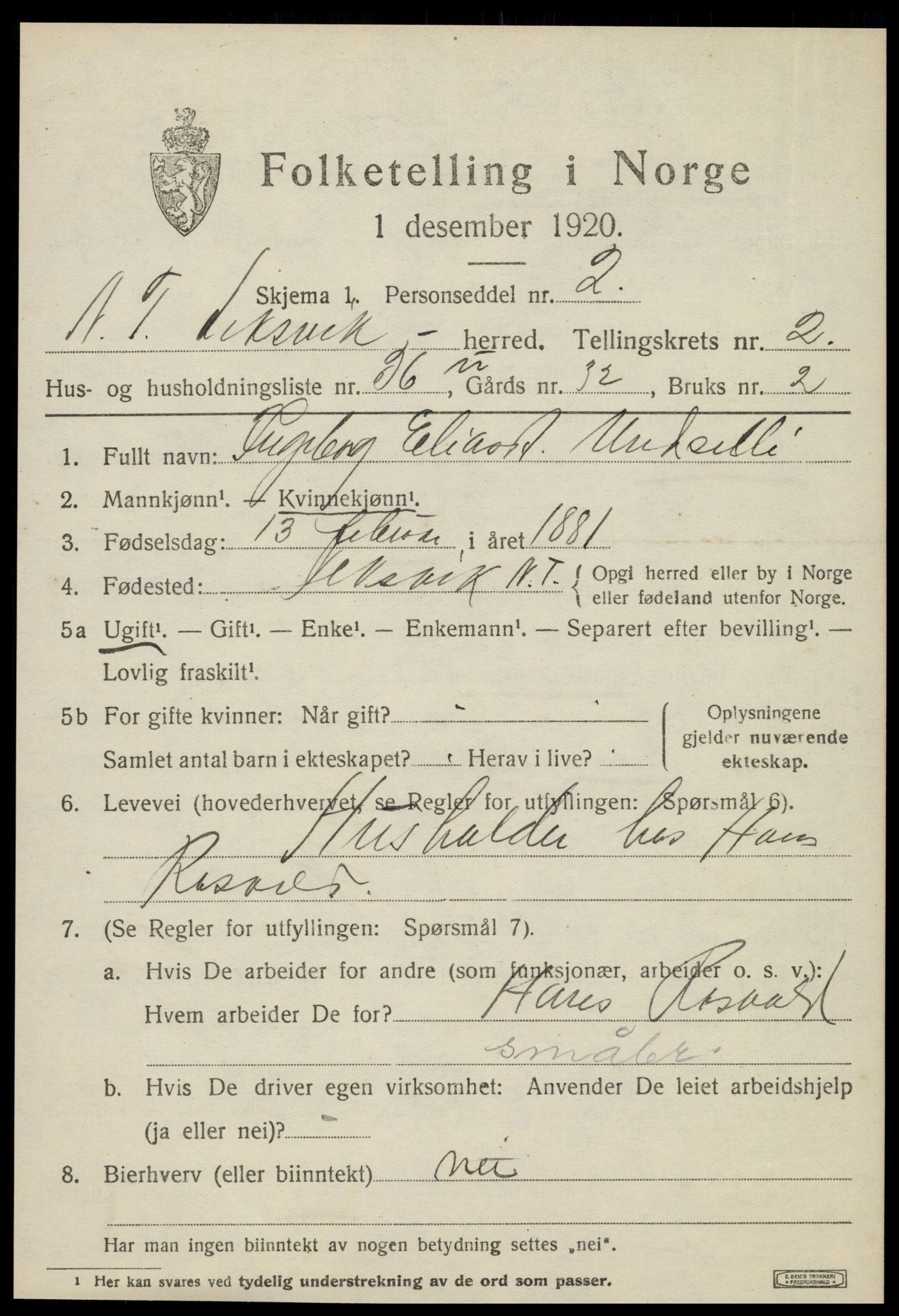 SAT, 1920 census for Leksvik, 1920, p. 2386