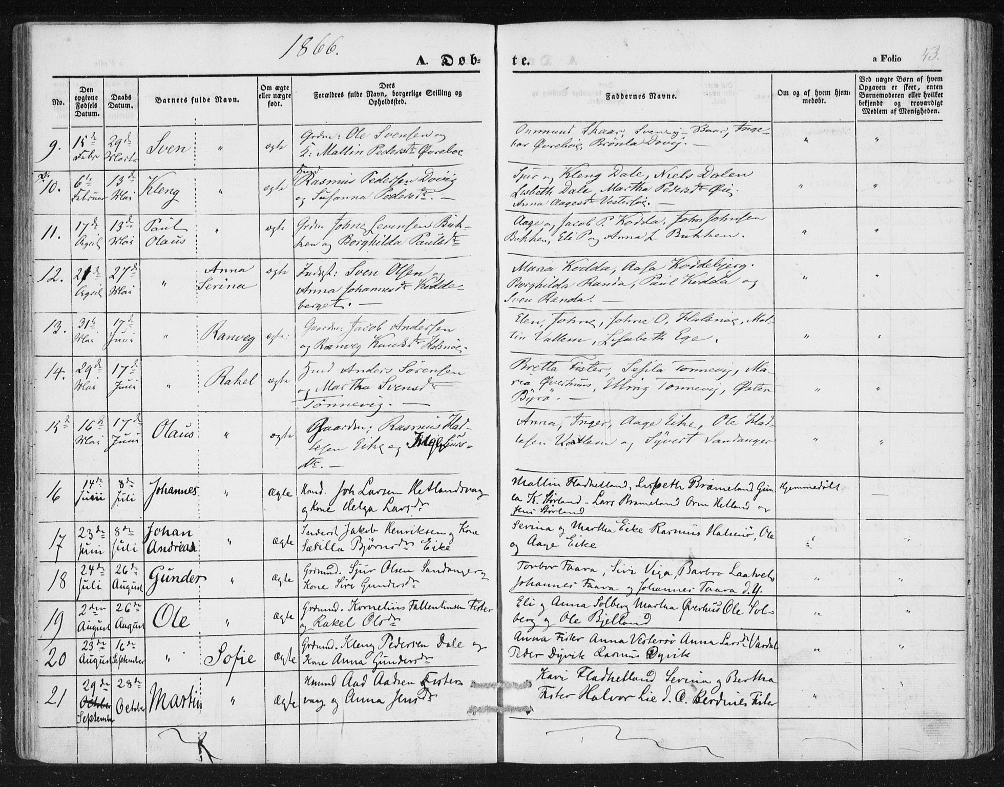 Hjelmeland sokneprestkontor, AV/SAST-A-101843/01/IV/L0010: Parish register (official) no. A 10, 1851-1871, p. 43