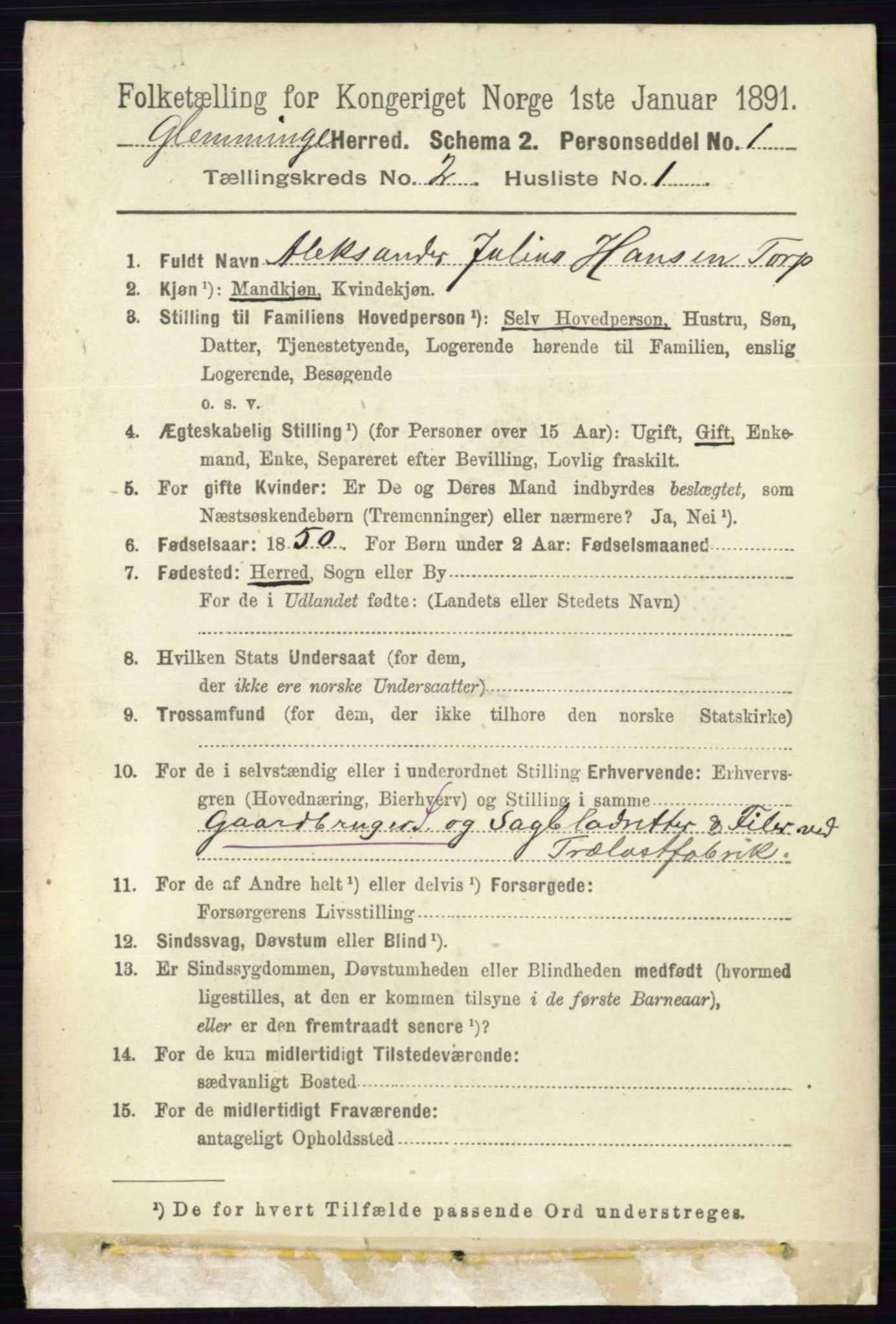 RA, 1891 census for 0132 Glemmen, 1891, p. 586