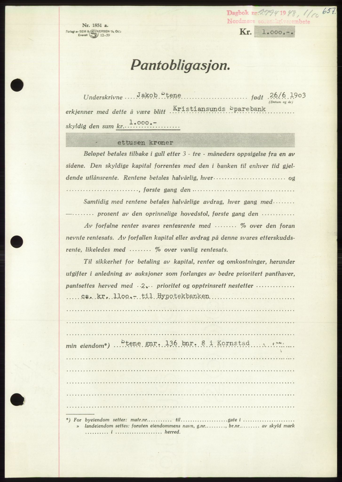 Nordmøre sorenskriveri, AV/SAT-A-4132/1/2/2Ca: Mortgage book no. B99, 1948-1948, Diary no: : 2794/1948