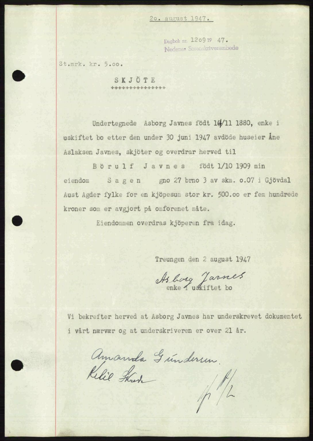 Nedenes sorenskriveri, AV/SAK-1221-0006/G/Gb/Gba/L0057: Mortgage book no. A9, 1947-1947, Diary no: : 1209/1947