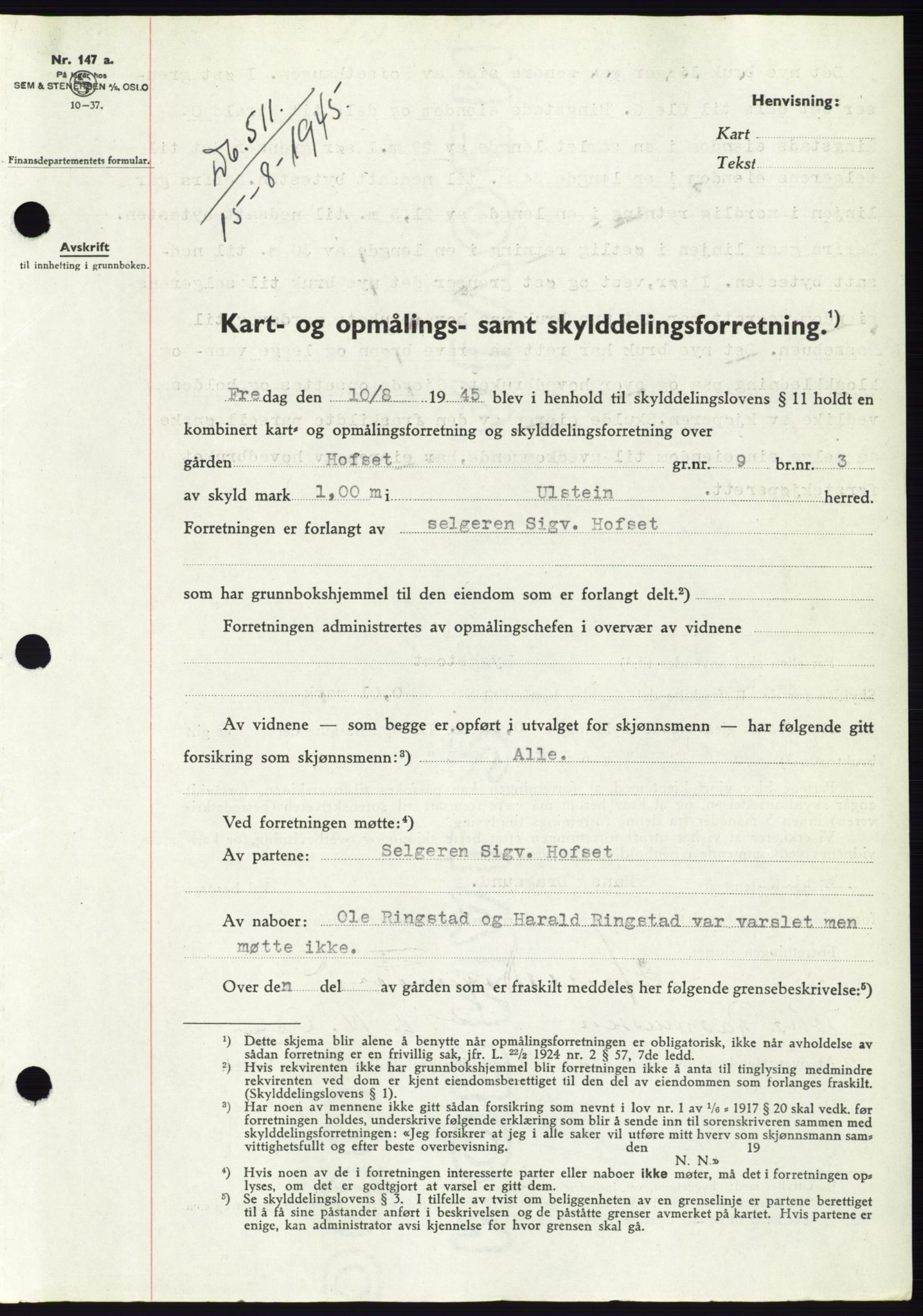 Søre Sunnmøre sorenskriveri, AV/SAT-A-4122/1/2/2C/L0077: Mortgage book no. 3A, 1945-1946, Diary no: : 511/1945