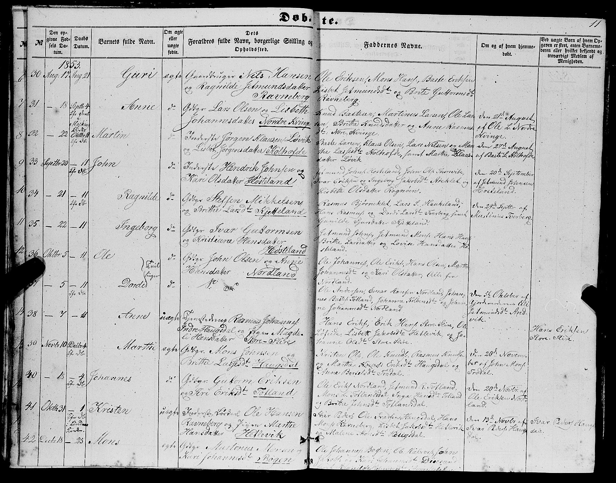 Masfjorden Sokneprestembete, SAB/A-77001: Parish register (copy) no. A 1, 1851-1875, p. 11