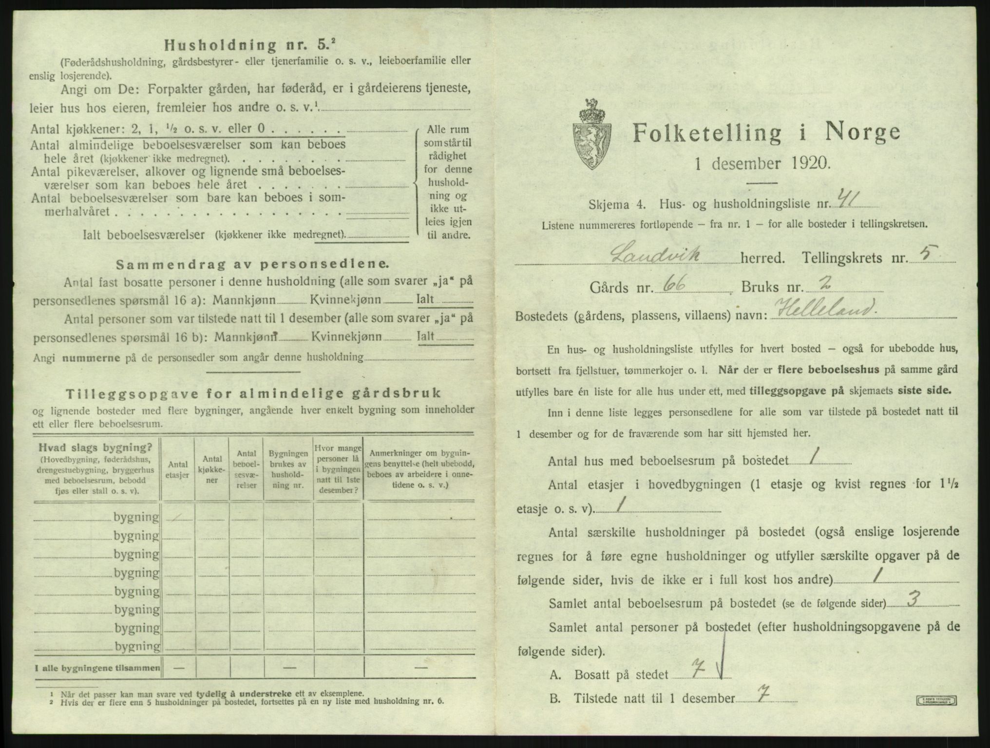 SAK, 1920 census for Landvik, 1920, p. 832