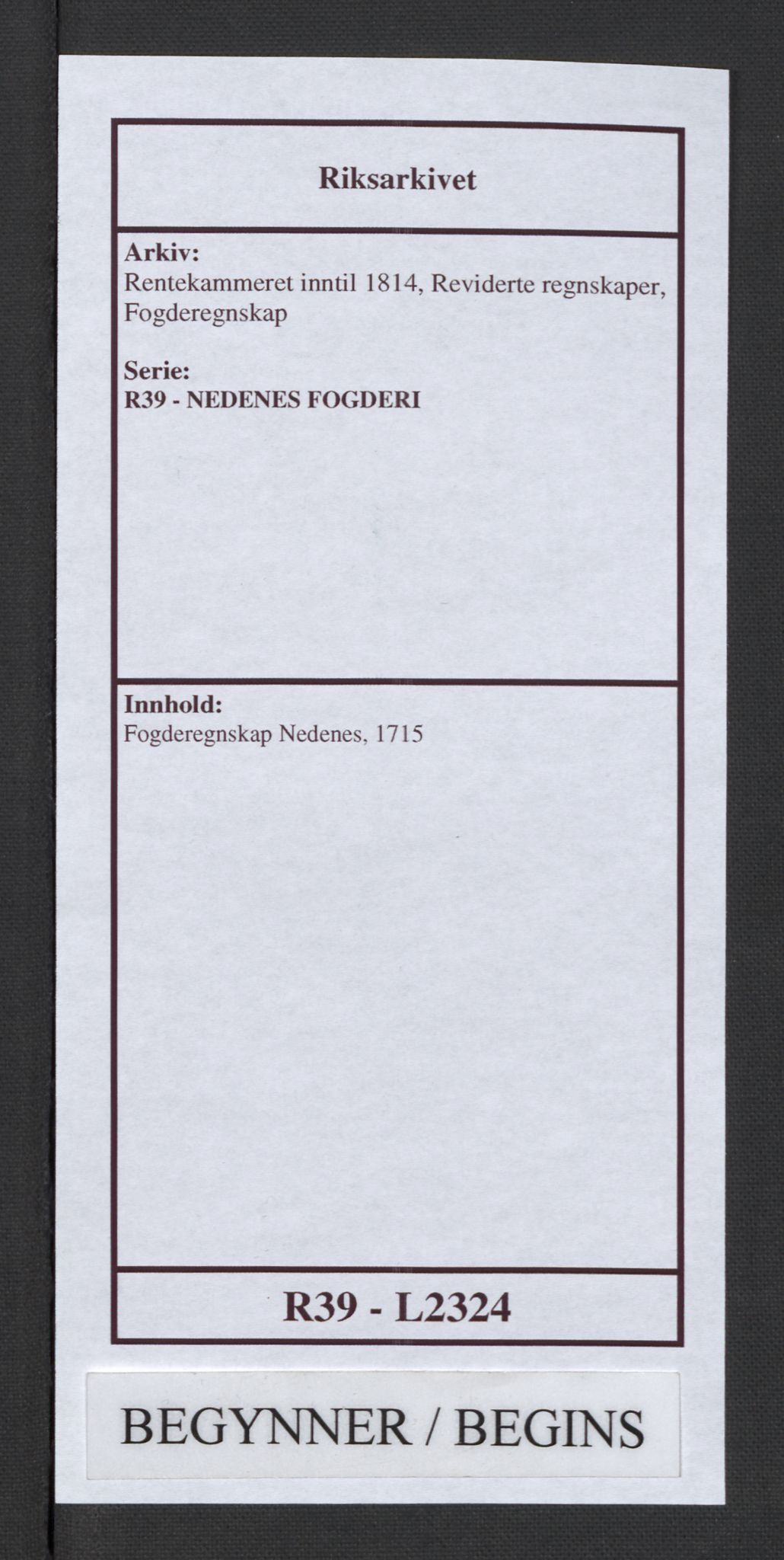 Rentekammeret inntil 1814, Reviderte regnskaper, Fogderegnskap, AV/RA-EA-4092/R39/L2324: Fogderegnskap Nedenes, 1715, p. 1