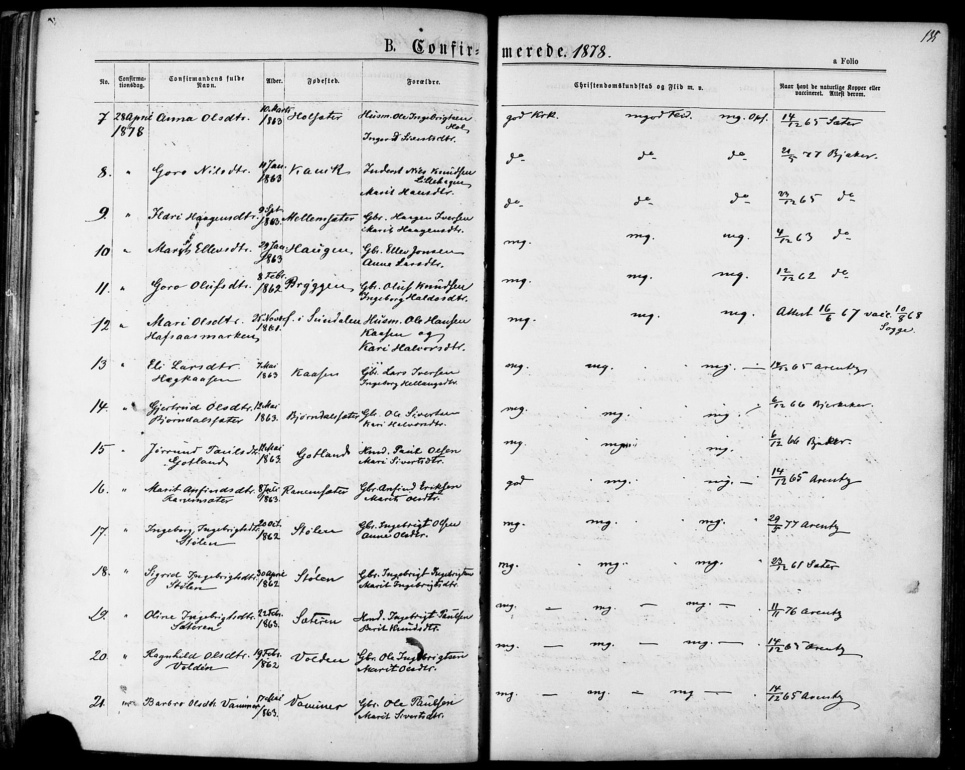 Ministerialprotokoller, klokkerbøker og fødselsregistre - Sør-Trøndelag, AV/SAT-A-1456/678/L0900: Parish register (official) no. 678A09, 1872-1881, p. 135