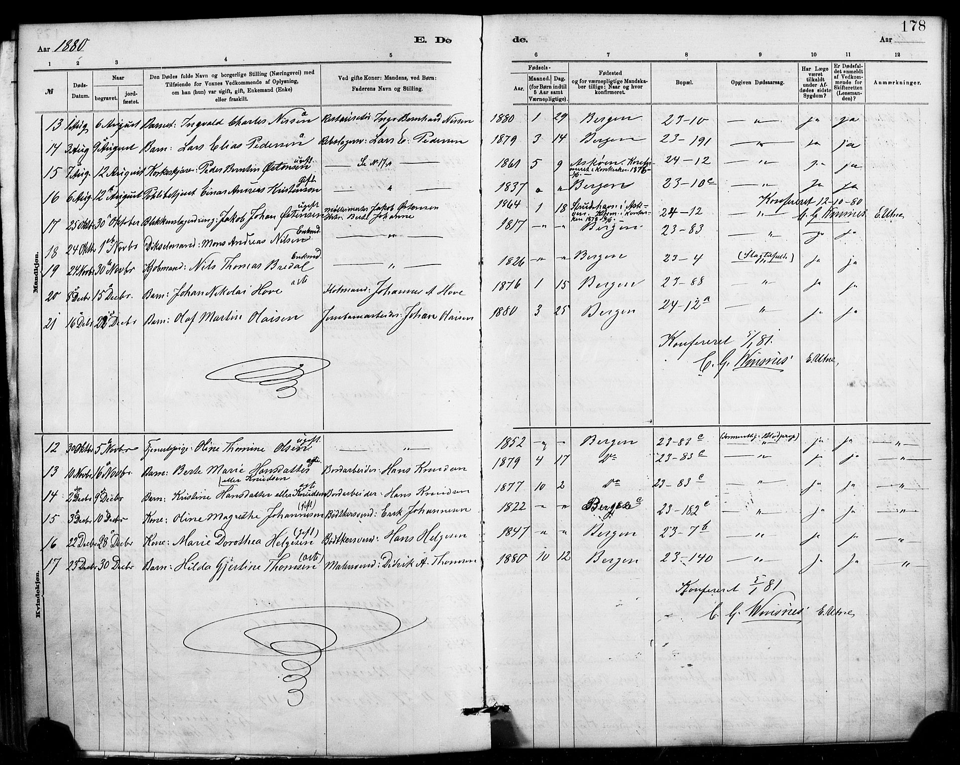 Mariakirken Sokneprestembete, SAB/A-76901/H/Haa/L0007: Parish register (official) no. A 7, 1878-1893, p. 178