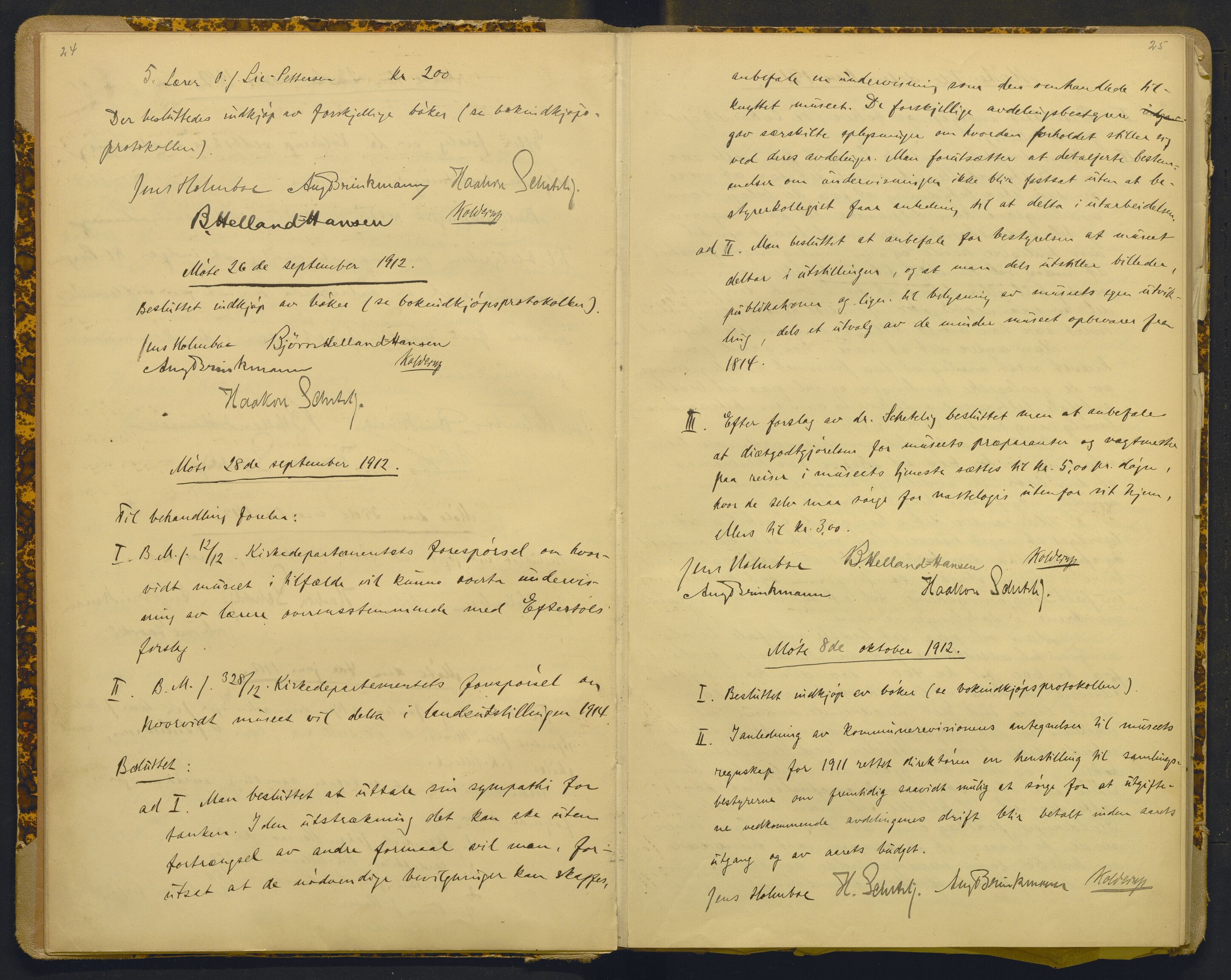 Bergens Museum, AV/SAB-A-17301/18/A/L0001: Bestyrerkollegiets forhandlingsprotokoll med register , 1907-1927, p. 24-25