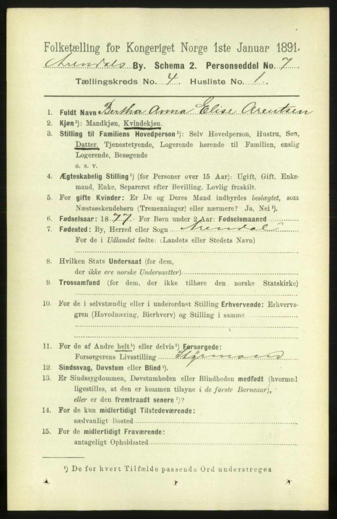 RA, 1891 census for 0903 Arendal, 1891, p. 1659