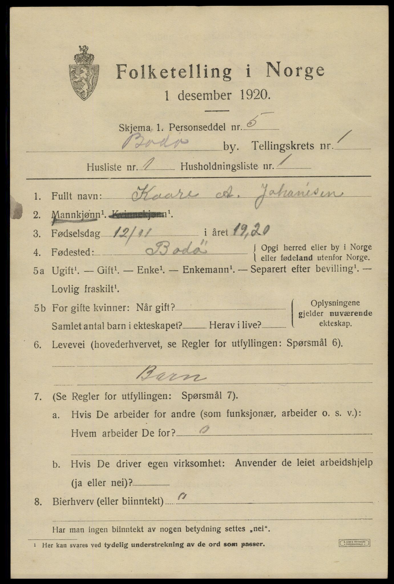 SAT, 1920 census for Bodø, 1920, p. 3291