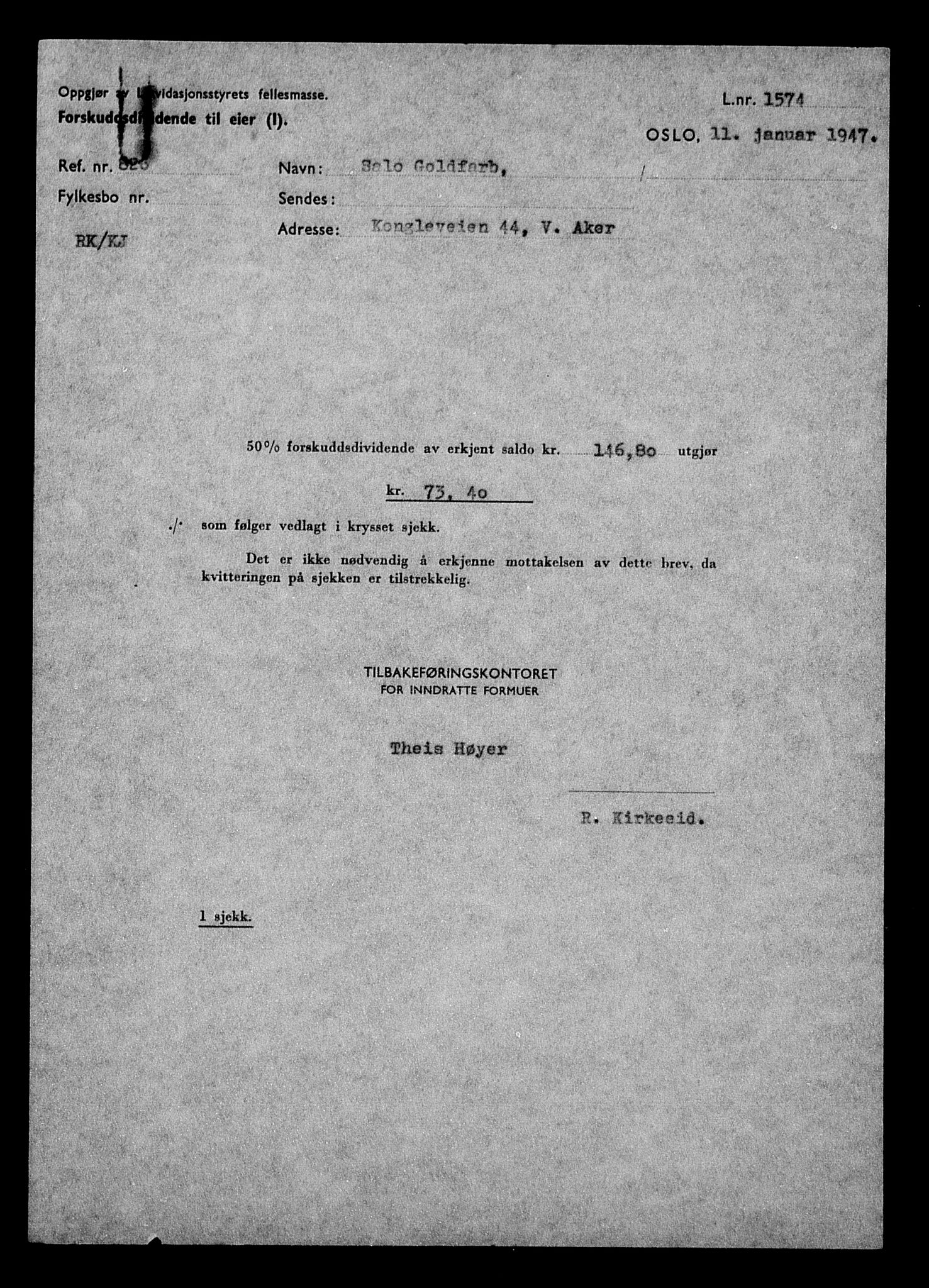 Justisdepartementet, Tilbakeføringskontoret for inndratte formuer, RA/S-1564/H/Hc/Hcd/L0996: --, 1945-1947, p. 91