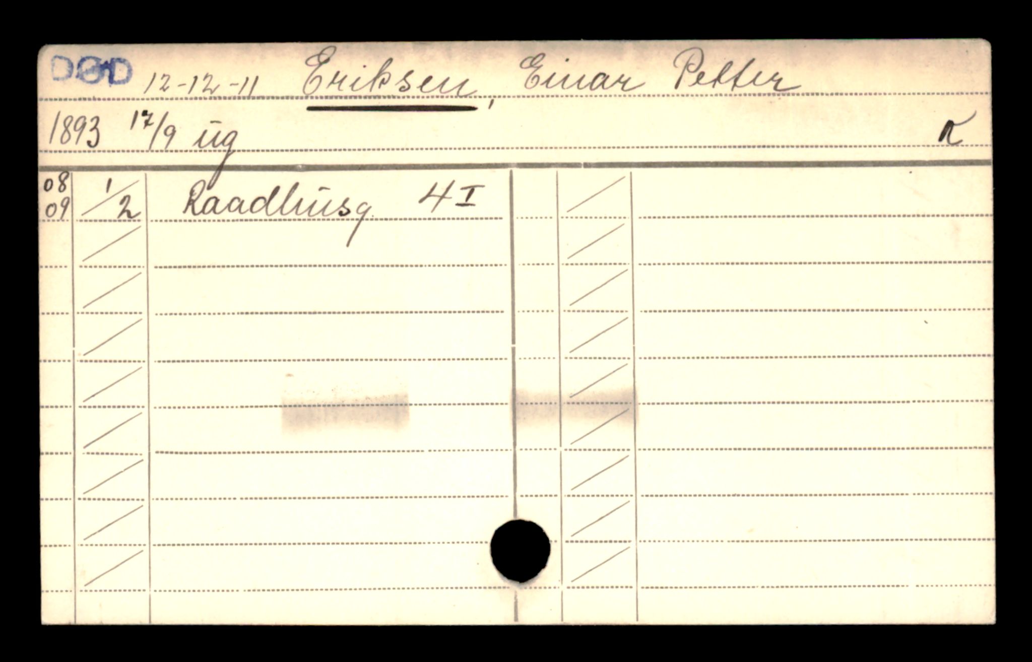 Oslo folkeregister, Registerkort, SAO/A-11715/D/Da/L0018: Menn: Eriksen Einar - Espedalen Olav, 1906-1919