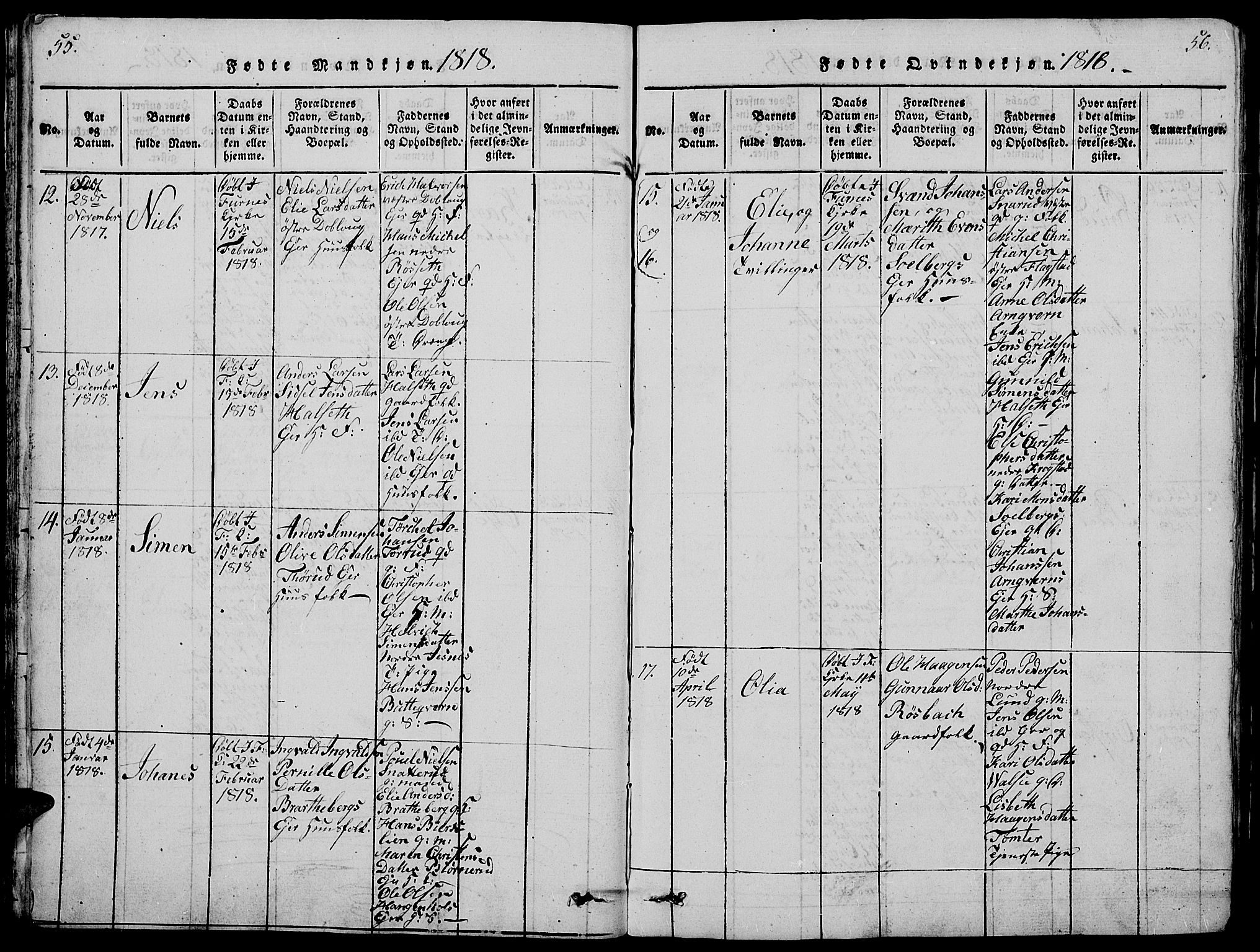 Vang prestekontor, Hedmark, AV/SAH-PREST-008/H/Ha/Hab/L0005: Parish register (copy) no. 5, 1815-1836, p. 55-56