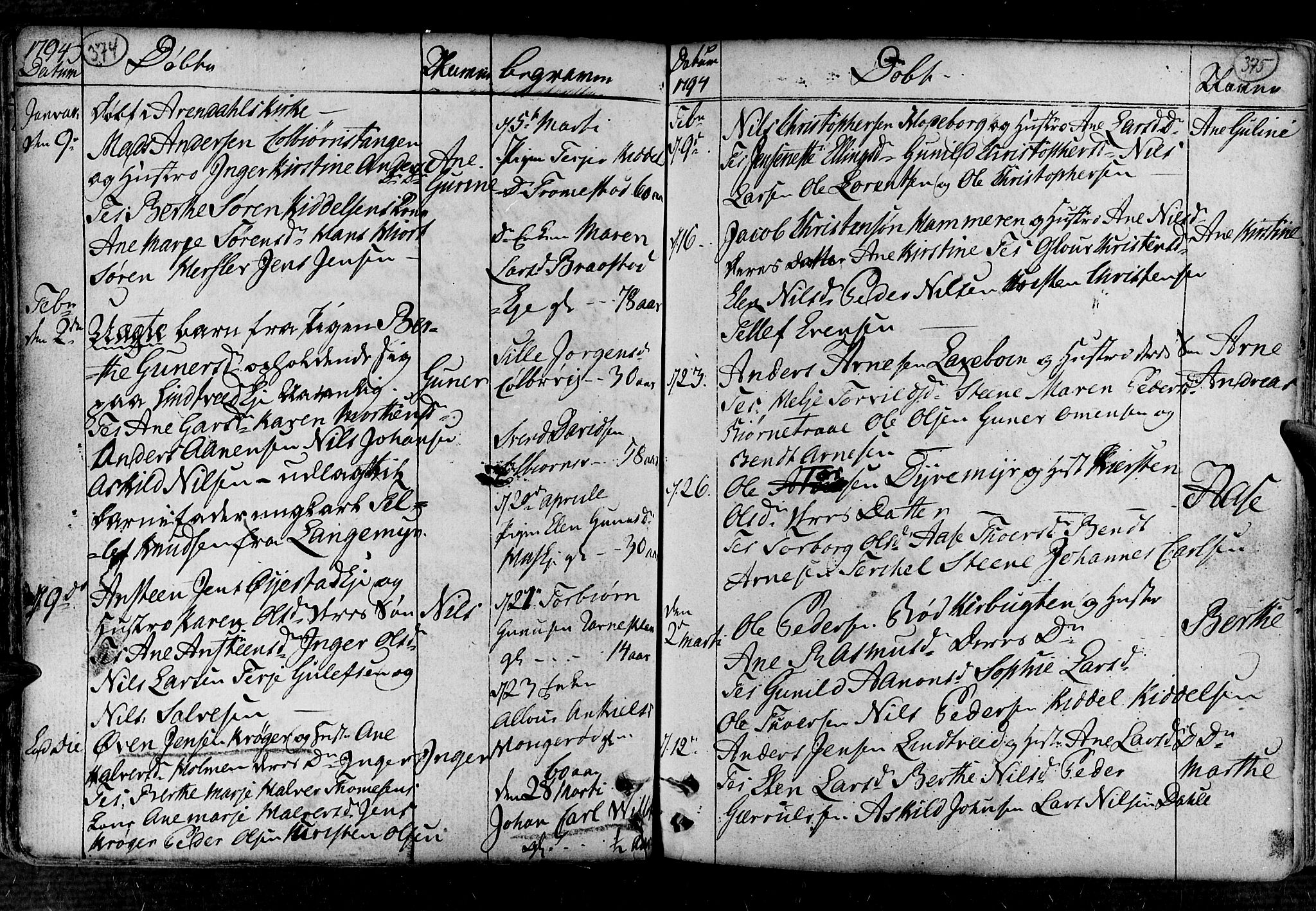 Øyestad sokneprestkontor, AV/SAK-1111-0049/F/Fa/L0008: Parish register (official) no. A 8, 1777-1804, p. 374-375