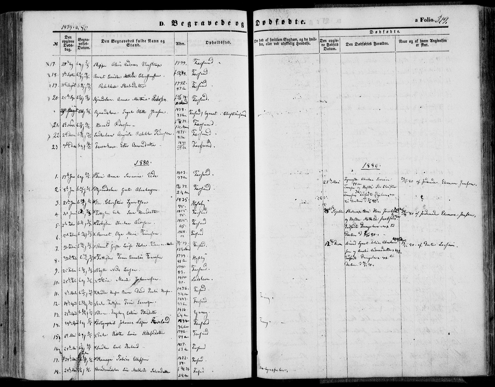Farsund sokneprestkontor, SAK/1111-0009/F/Fa/L0005: Parish register (official) no. A 5, 1863-1886, p. 319
