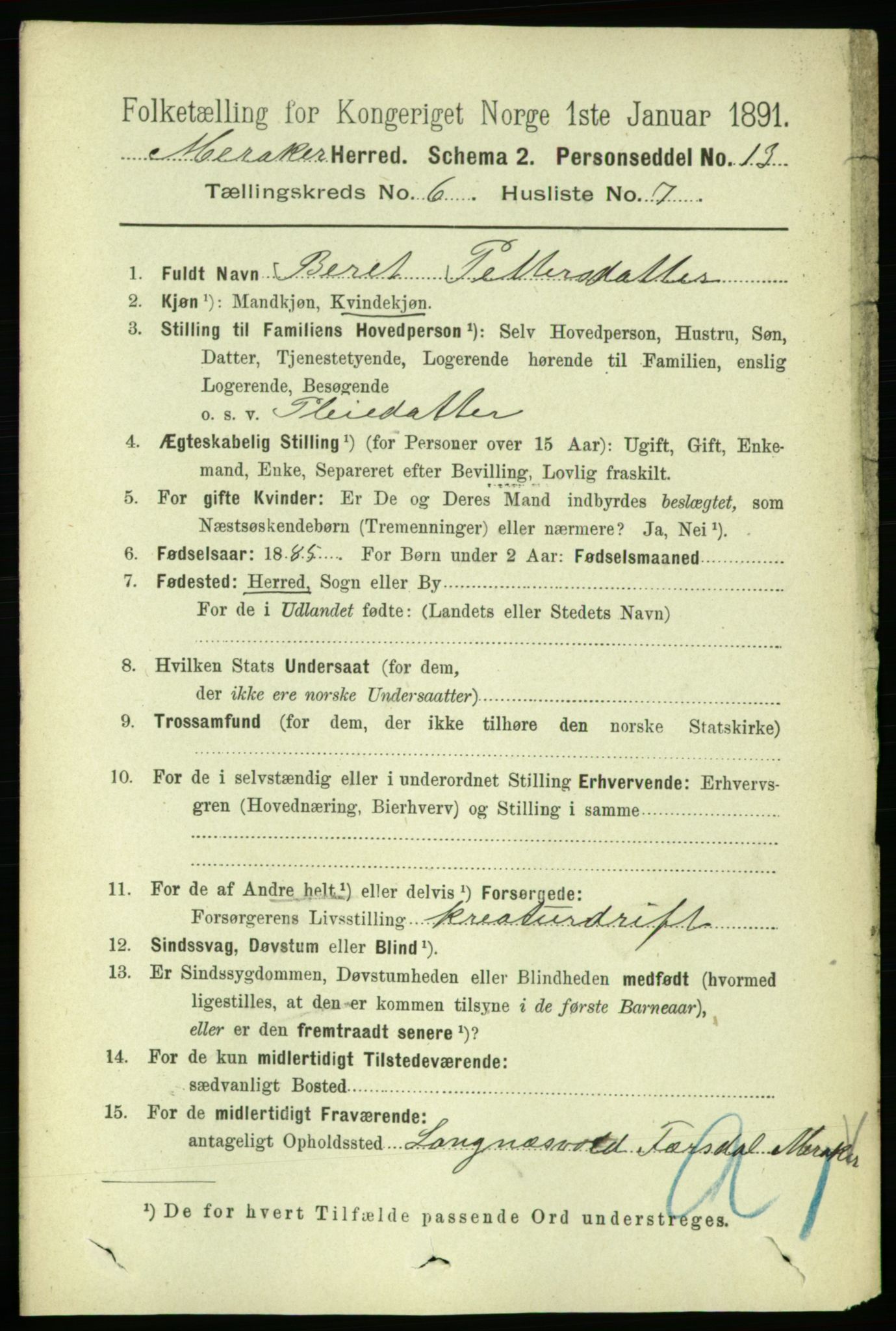RA, 1891 census for 1711 Meråker, 1891, p. 2098