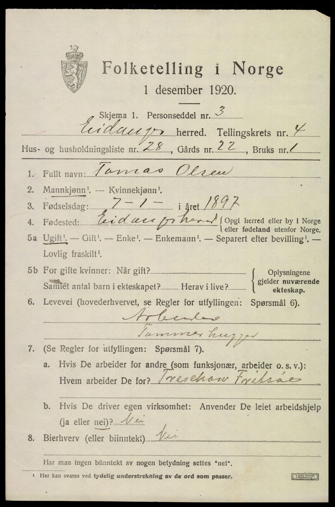 SAKO, 1920 census for Eidanger, 1920, p. 4090