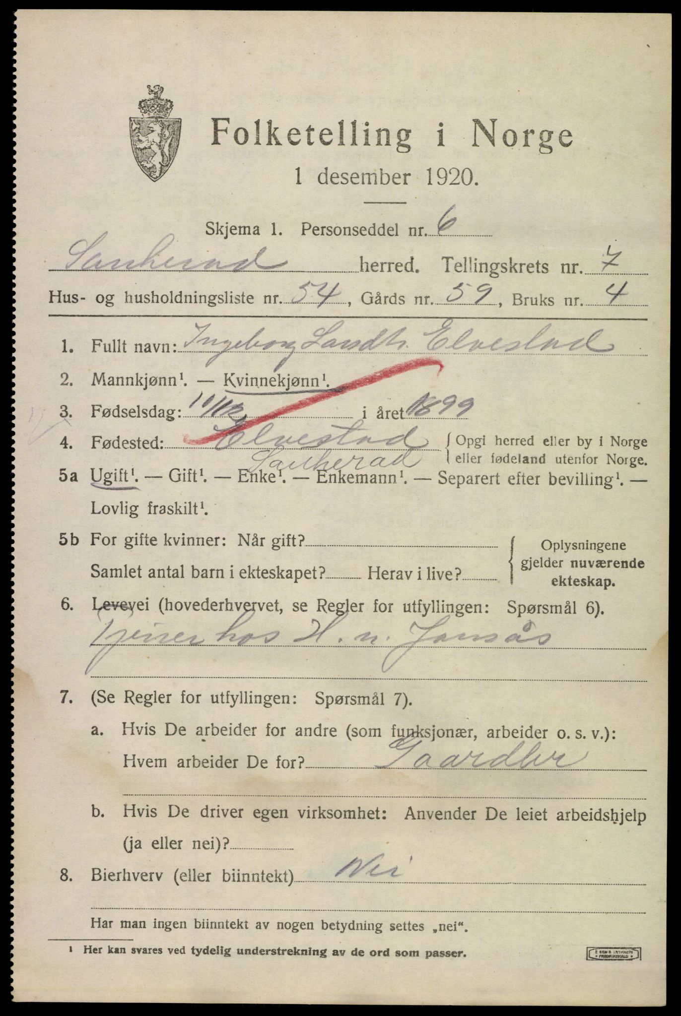 SAKO, 1920 census for Sauherad, 1920, p. 6145