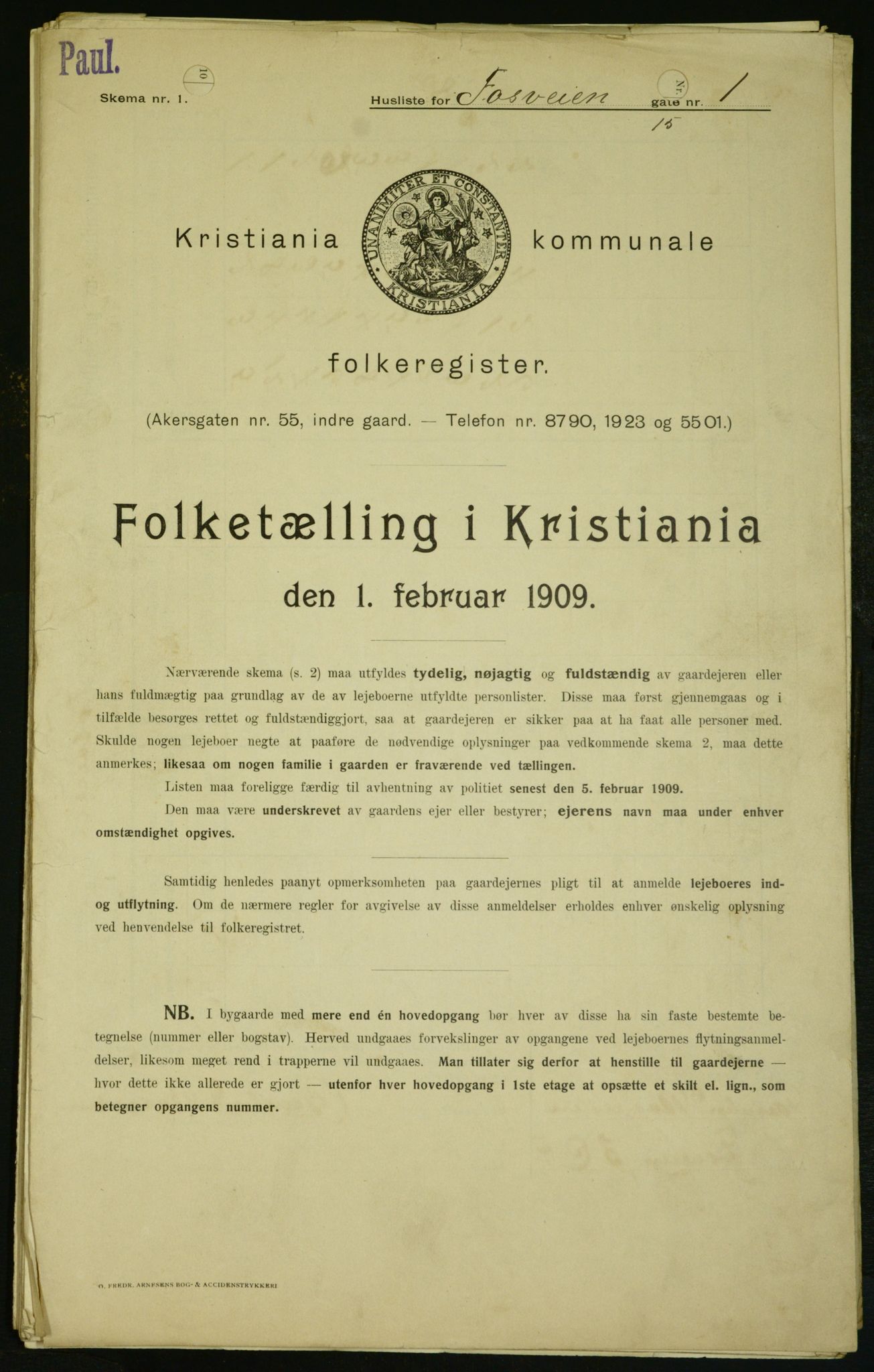 OBA, Municipal Census 1909 for Kristiania, 1909, p. 22292