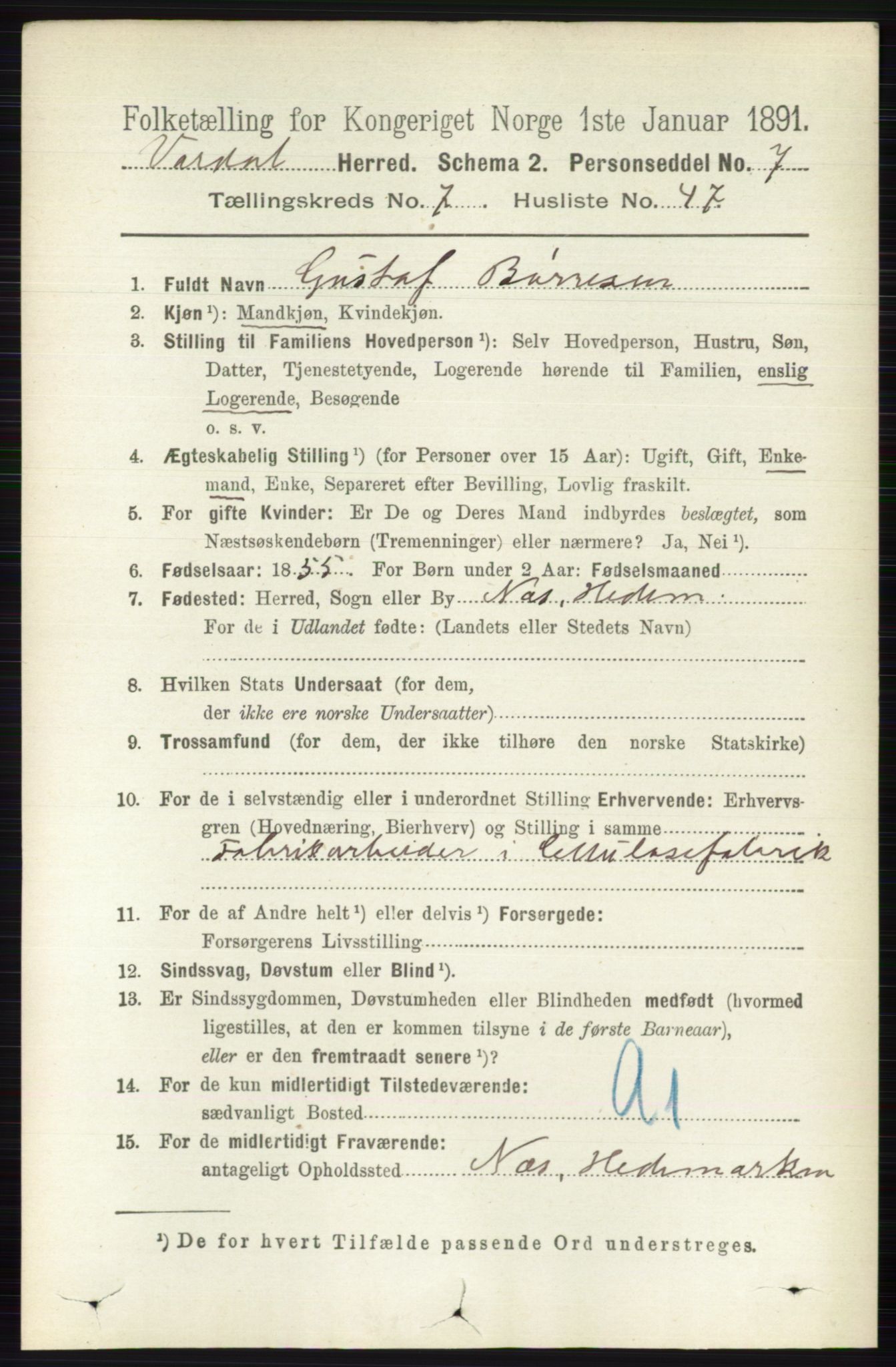 RA, 1891 census for 0527 Vardal, 1891, p. 3292