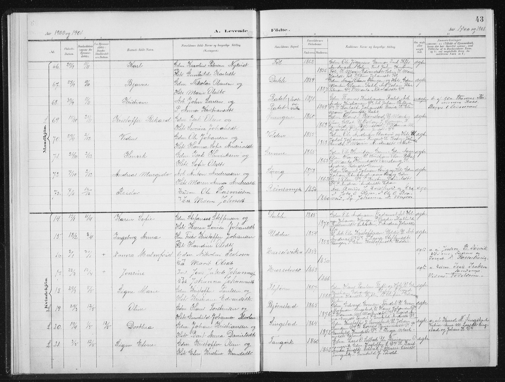 Ministerialprotokoller, klokkerbøker og fødselsregistre - Sør-Trøndelag, SAT/A-1456/647/L0635: Parish register (official) no. 647A02, 1896-1911, p. 43