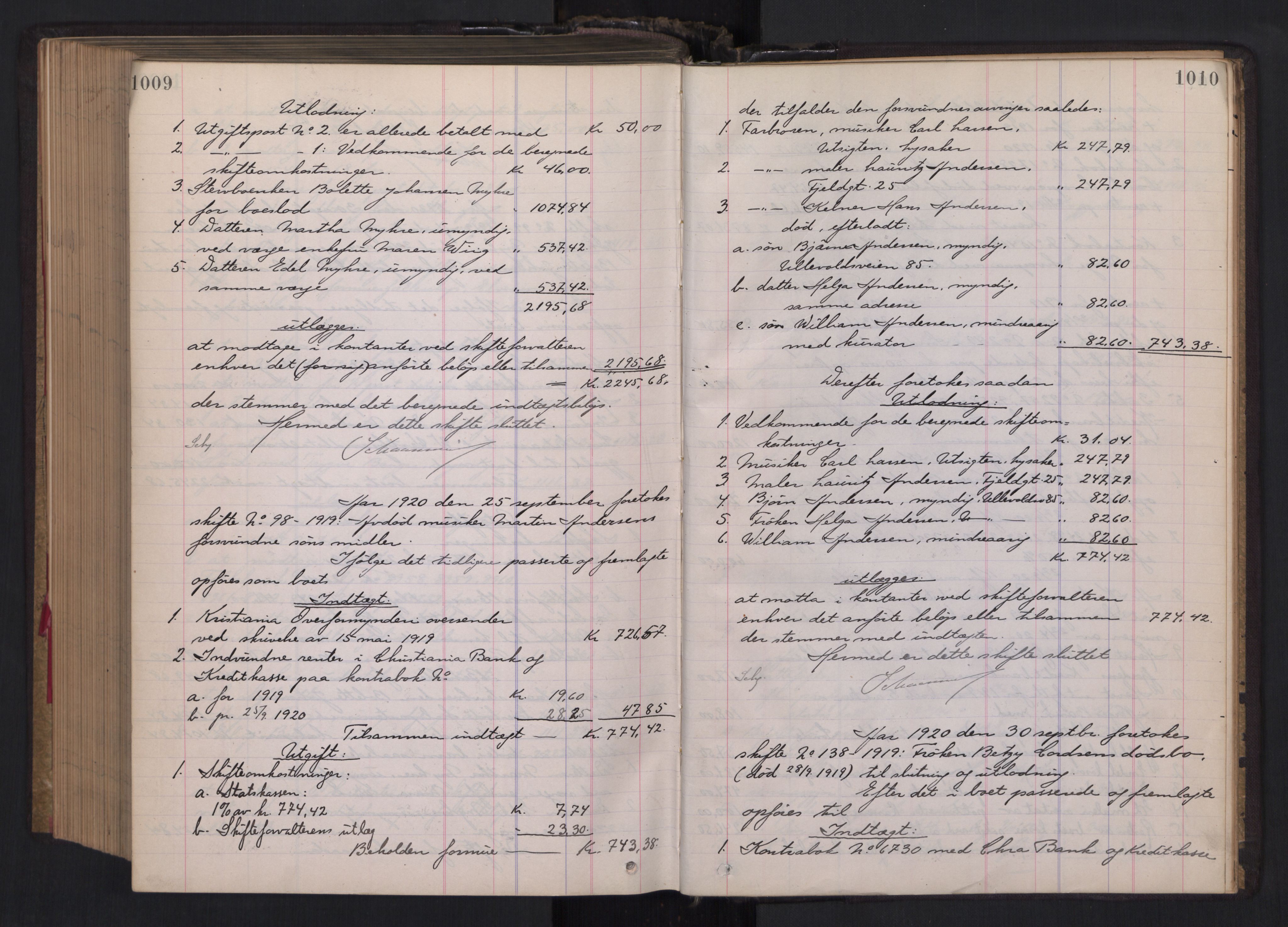 Oslo skifterett, AV/SAO-A-10383/H/Hd/Hdb/L0013: Skifteutlodningsprotokoll, 1918-1920, p. 1009-1010