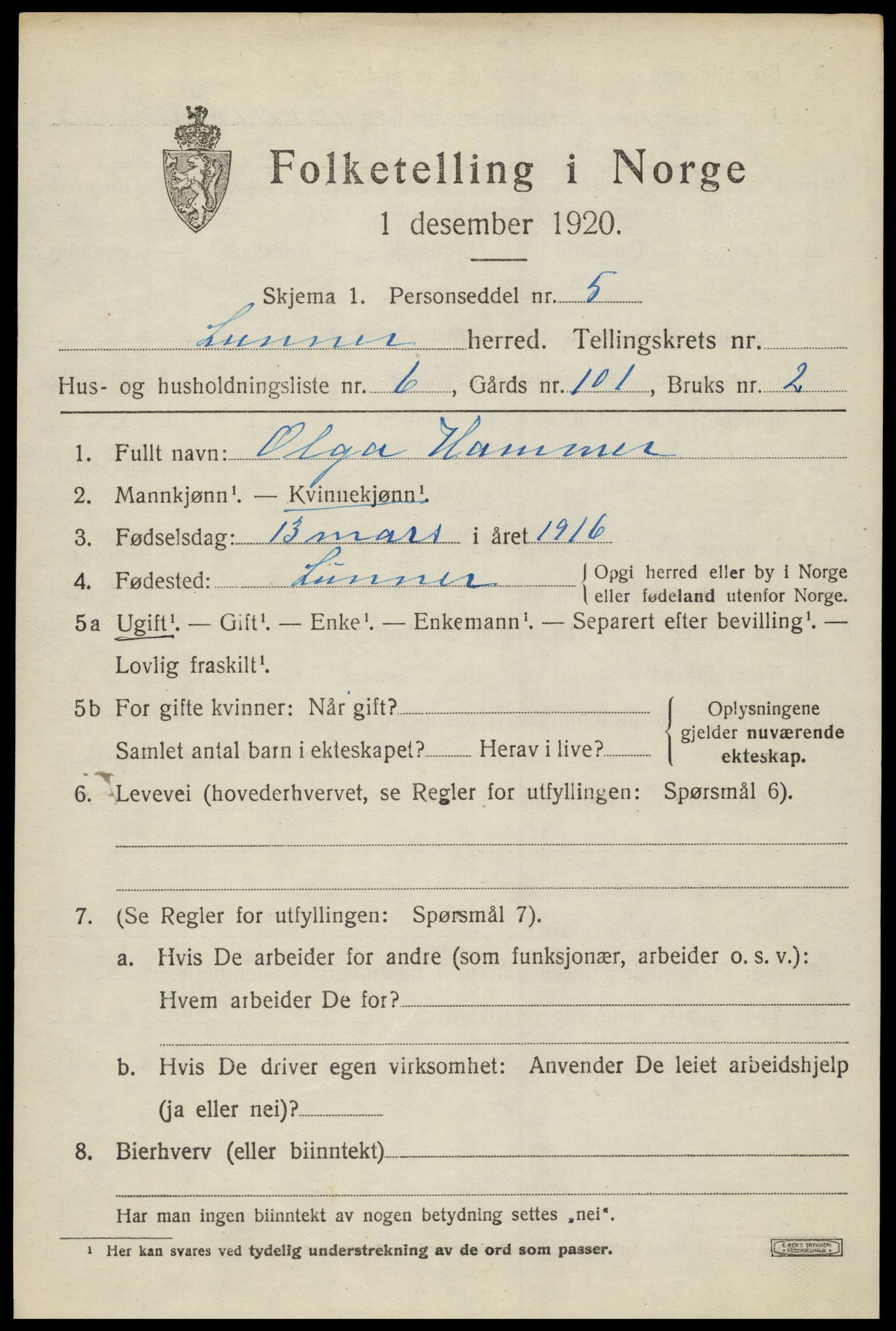 SAH, 1920 census for Lunner, 1920, p. 8651