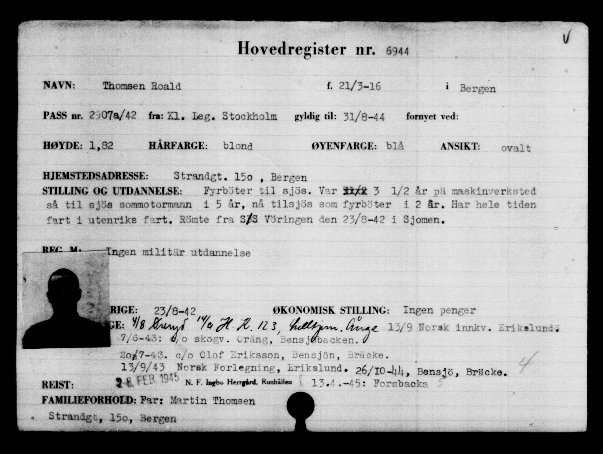 Utenriksstasjonene, Legasjonen i Stockholm, Flyktningkontoret, AV/RA-S-6753/V/Va/L0005: Kjesäterkartoteket, flyktninger med registreringsnr. 6600-9417, 1940-1945, p. 420