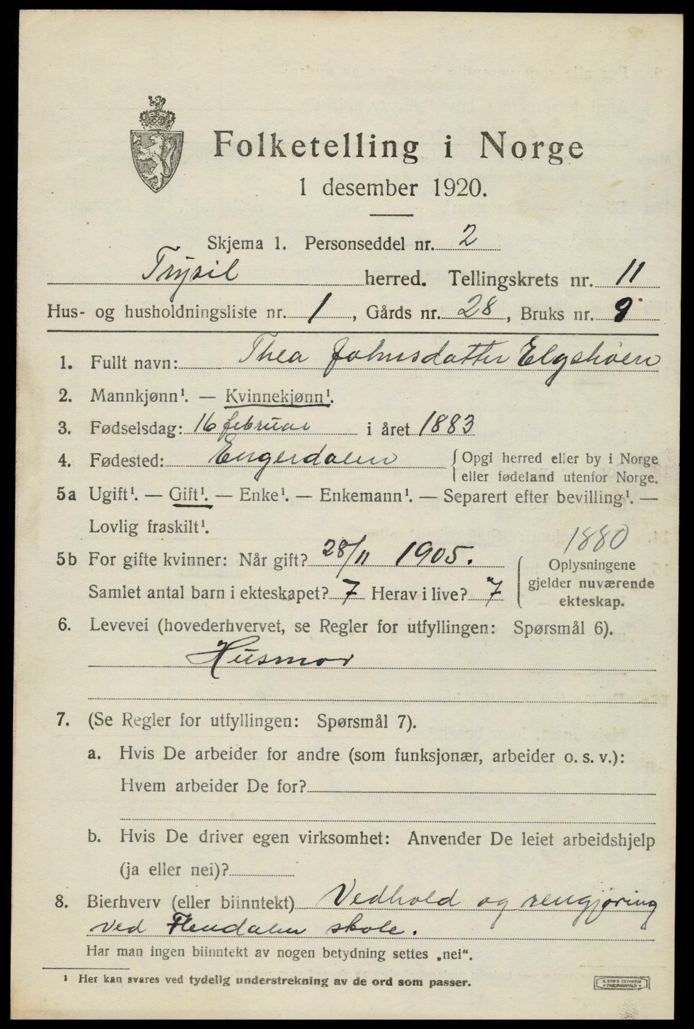 SAH, 1920 census for Trysil, 1920, p. 6959