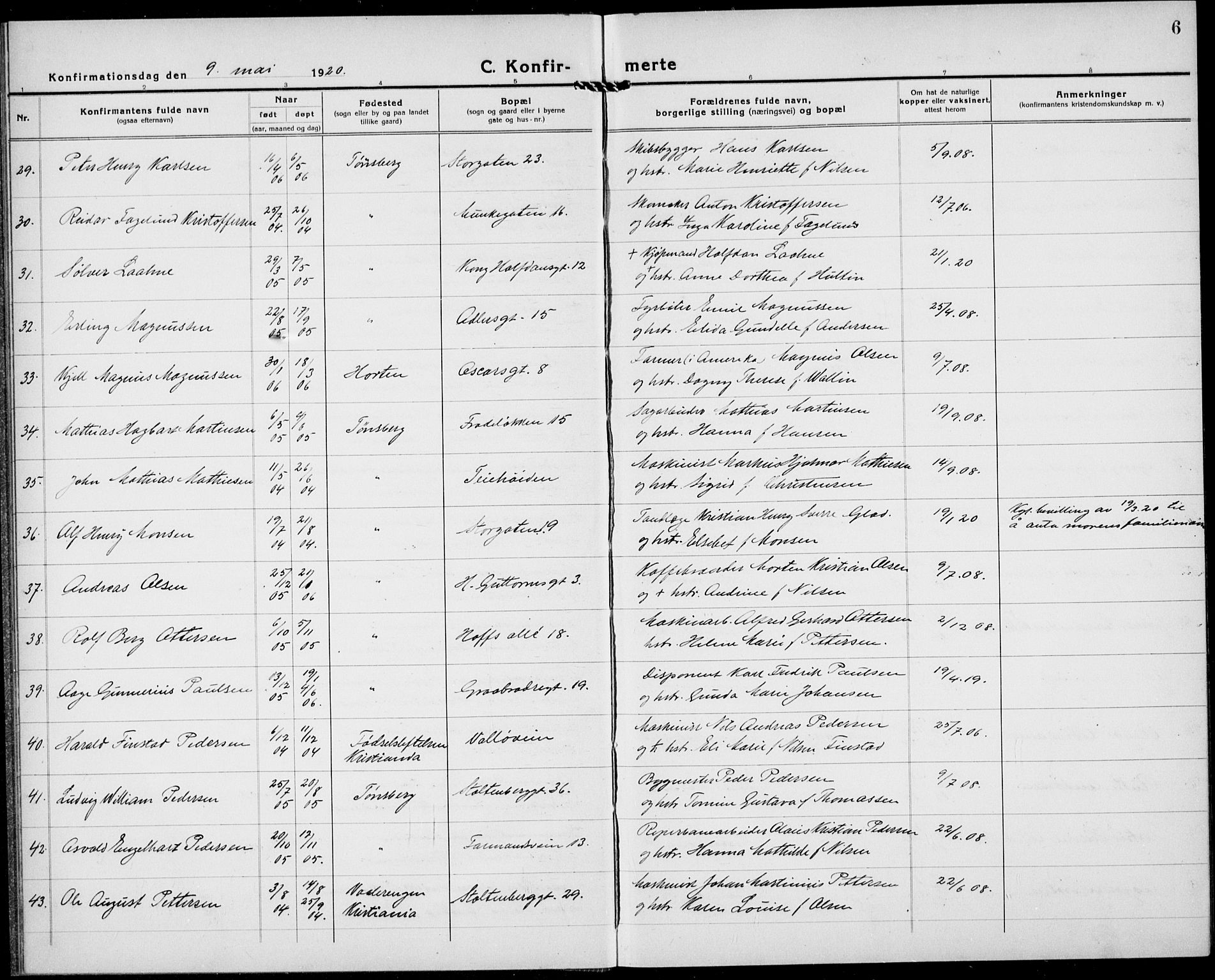 Tønsberg kirkebøker, AV/SAKO-A-330/G/Ga/L0013: Parish register (copy) no. 13, 1920-1929, p. 6