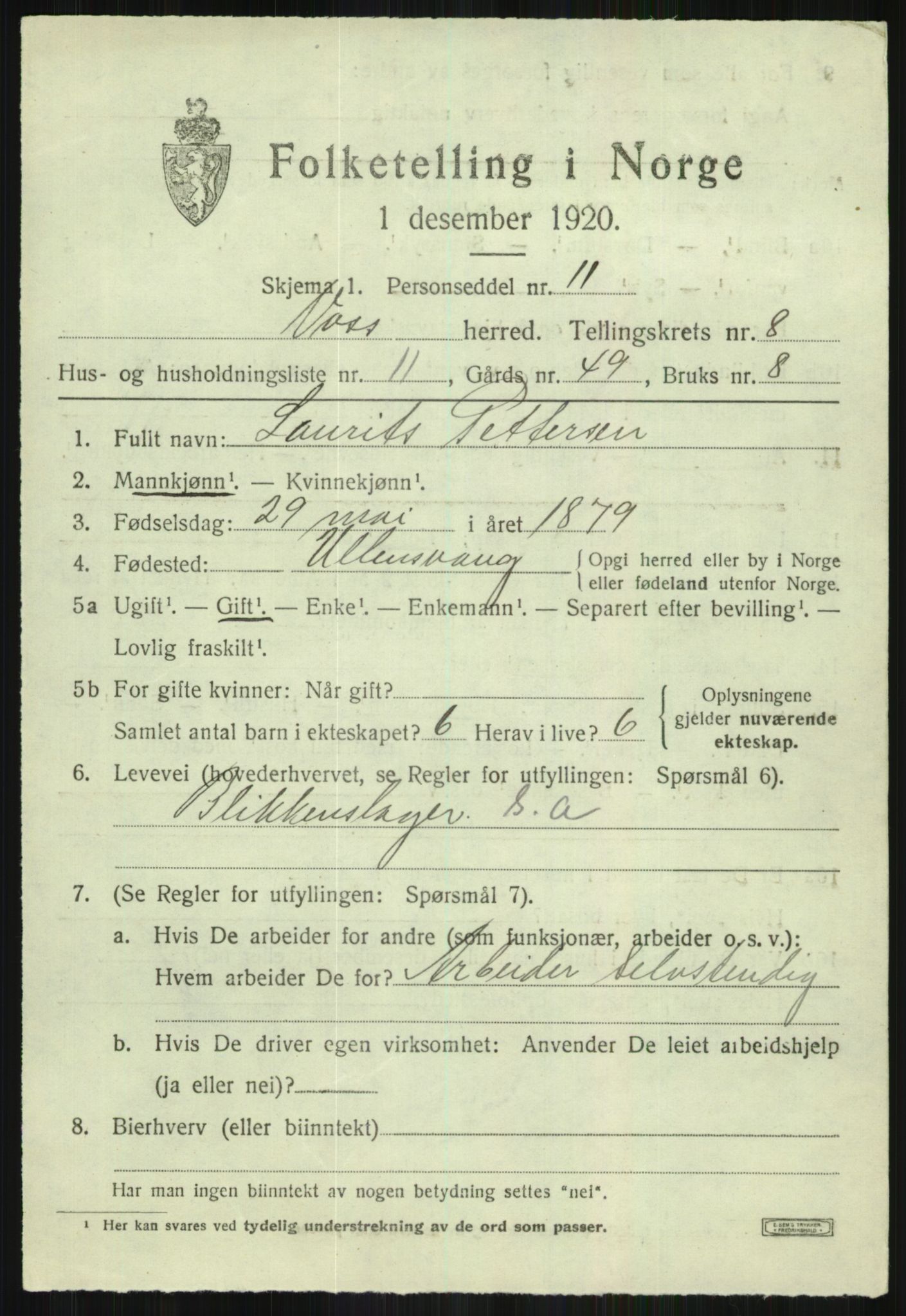 SAB, 1920 census for Voss, 1920, p. 7895