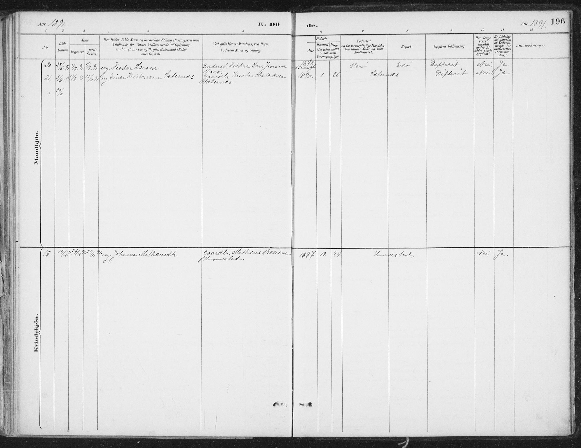 Ministerialprotokoller, klokkerbøker og fødselsregistre - Nord-Trøndelag, SAT/A-1458/786/L0687: Parish register (official) no. 786A03, 1888-1898, p. 196