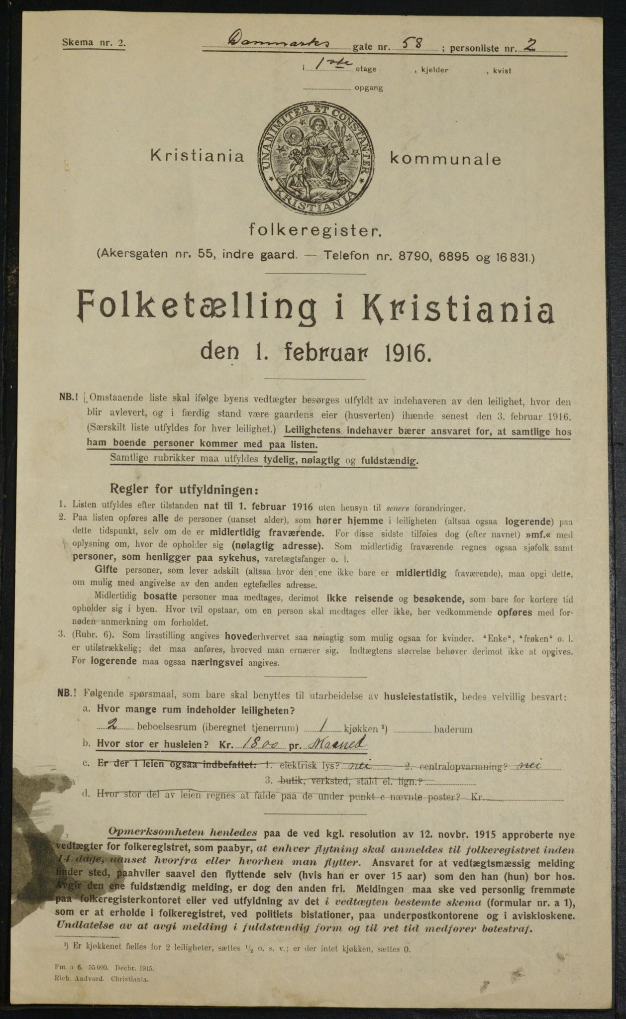 OBA, Municipal Census 1916 for Kristiania, 1916, p. 15105