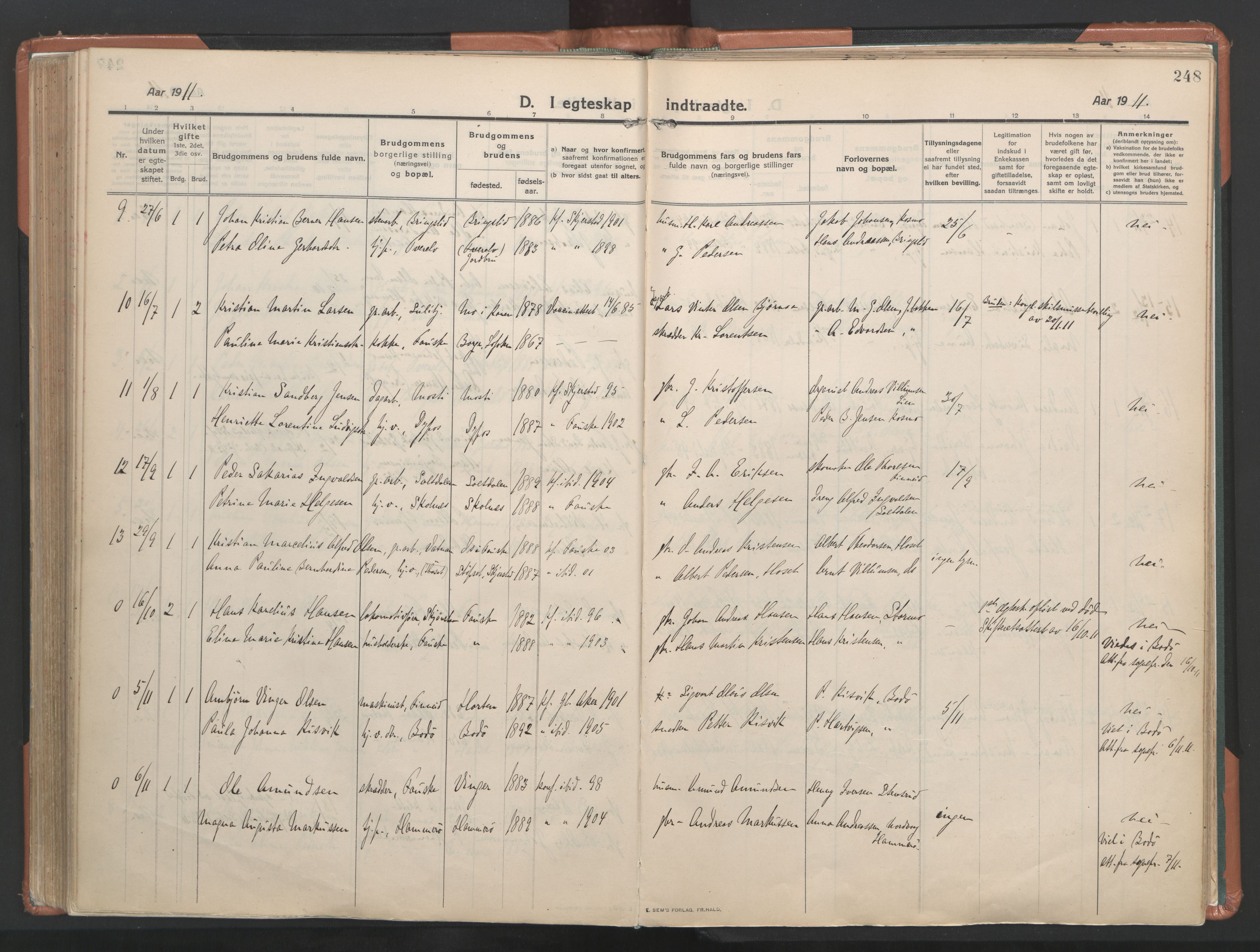 Ministerialprotokoller, klokkerbøker og fødselsregistre - Nordland, AV/SAT-A-1459/849/L0698: Parish register (official) no. 849A09, 1911-1924, p. 248