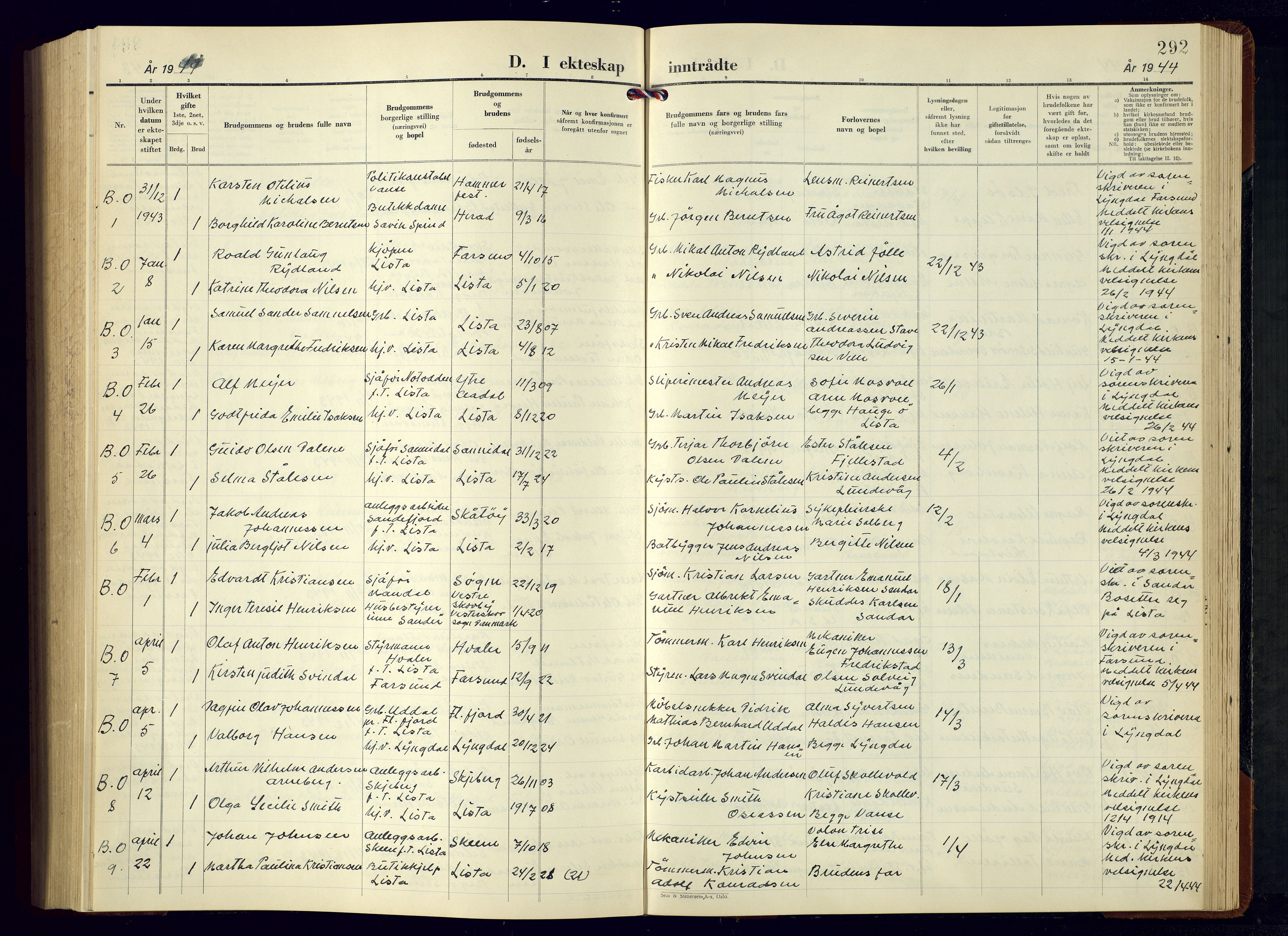 Lista sokneprestkontor, AV/SAK-1111-0027/F/Fb/L0007: Parish register (copy) no. B 7, 1943-1970, p. 292